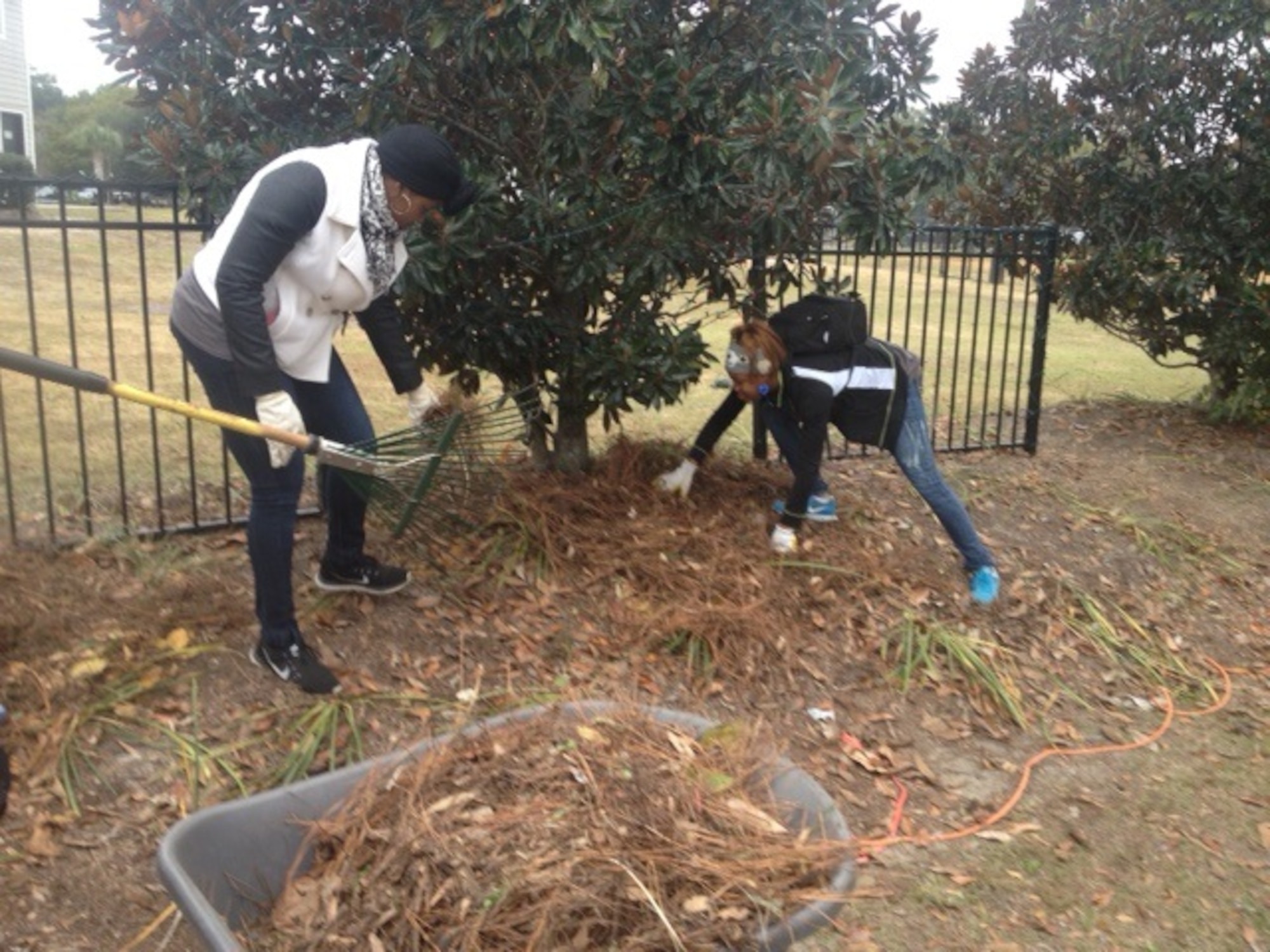 Staff Sgt. Petrice Crockett, 628th Mission Support Group, and Staff Sgt. Lakin Trahan, 628th Medical Group, clean out pine straw at Park Circle Butterfly Park, Nov. 14, 2014, in North  Charleston, S.C., during the Trident United Way's Day of Caring. Hundreds of Joint Base Charleston Sailors and Airmen participated in the United Way Day of Caring, which
provides an opportunity for volunteer teams to partner with local agencies and schools to increase community engagement. (Courtesy Photo)

