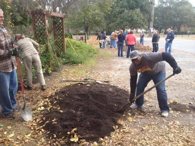 Staff Sgt. Tamir Brooks, 437th Maintenance Group, takes part in the beautification process at Park Circle Butterfly Park, Nov. 14, 2014, in North Charleston, S.C., during the Trident United Way's Day of Caring. Hundreds of Joint Base Charleston Sailors and Airmen participated in the United Way Day of Caring, which provides an opportunity for volunteer teams to partner with local agencies and schools to increase community engagement.
(Courtesy photo)    
