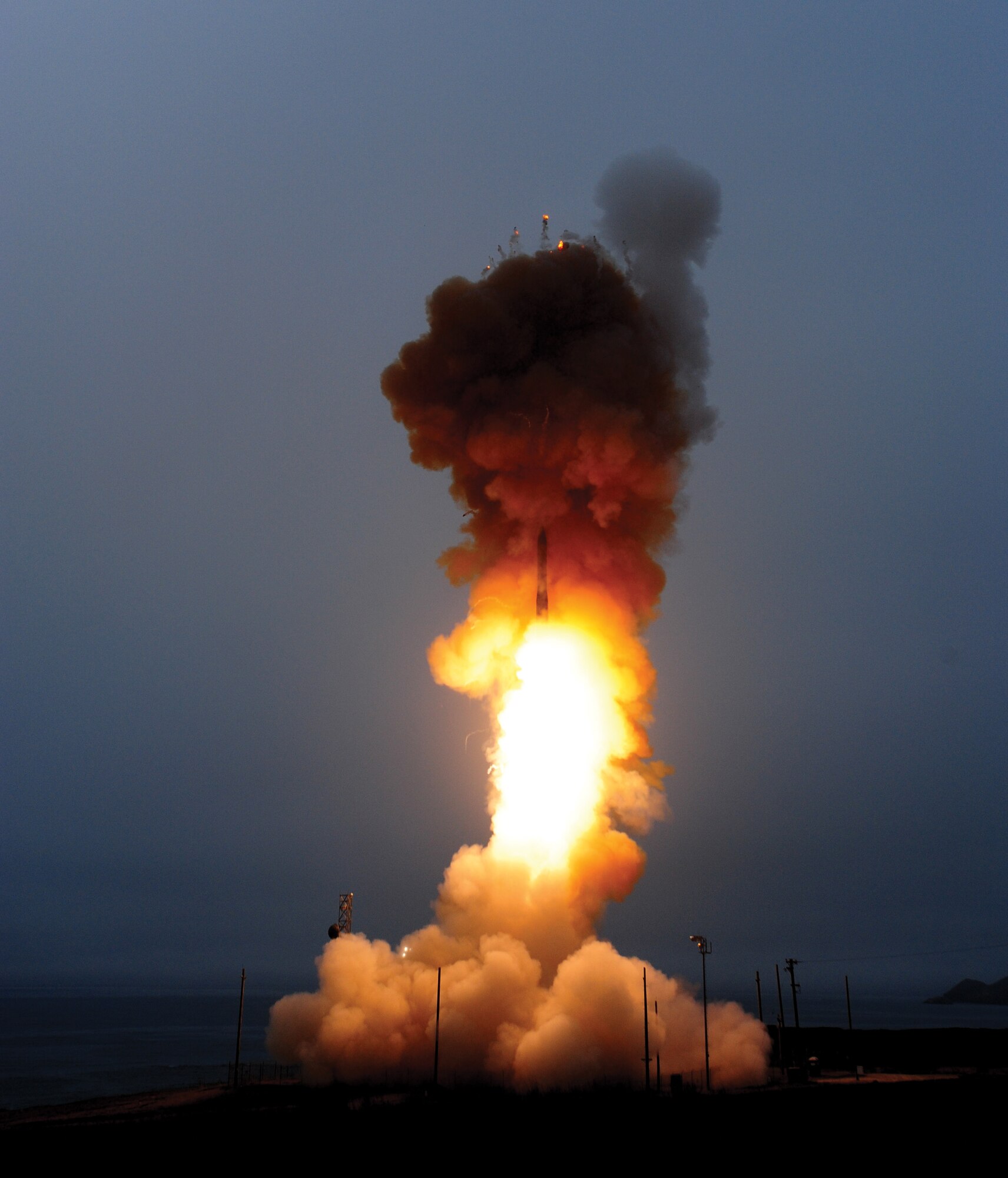 An unarmed LGM-30G Minuteman III intercontinental ballistic missile launches during an operational test at Vandenberg AFB.