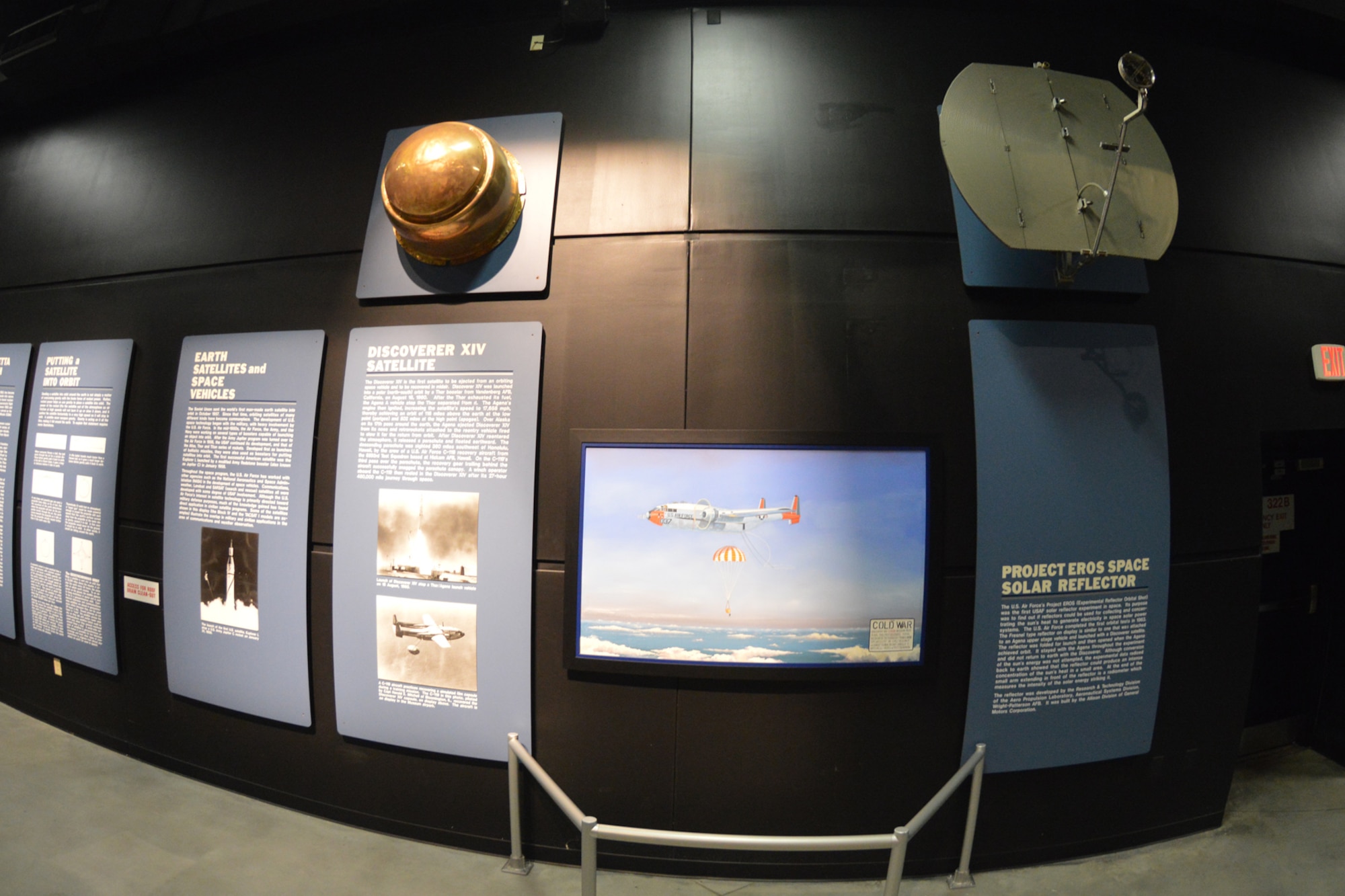 DAYTON, Ohio -- Portion of the Discoverer XIV satellite, and  Project EROS space solar reflector in the Missile and Space Gallery at the National Museum of the United States Air Force. (U.S. Air Force photo) 
