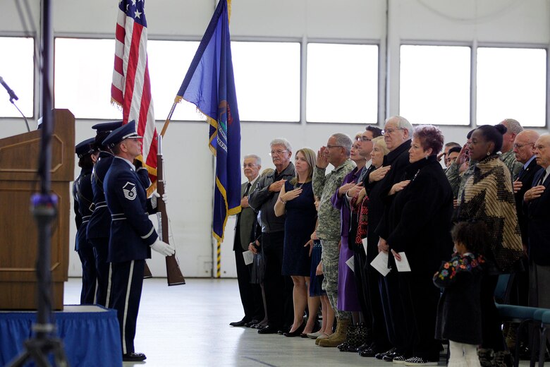 127th Wing Honor Guard present the colors during the 127th Wing Change of Command ceremony, in which Brig. Gen. John D. Slocum took command of the wing, Nov. 2, 2014, at Selfridge Air National Guard Base, Mich. In addition to serving as a color guard at ceremonial events, the 127th Wing Honor Guard renders final honors to Air Force veterans at about 300 funerals per year. (U.S. Air National Guard photo by Tech. Sgt. Robert Hanet)