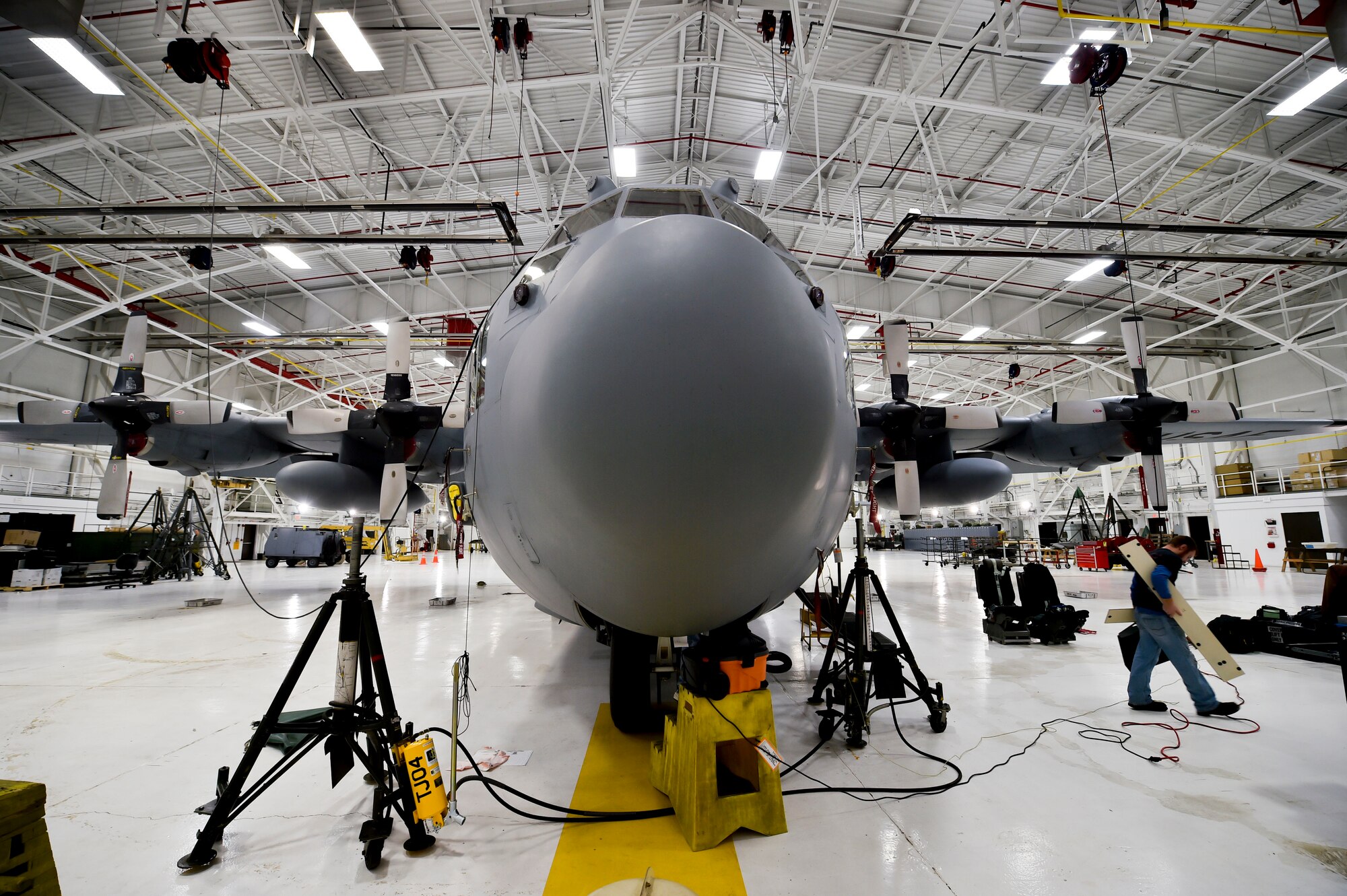 A Youngstown C-130 Hercules sits on jacks in a hangar here, Nov. 6, 2014. The C-130 received a test version of a new armor plating system the week of Nov. 2. Youngstown Air Reserve Station is the second base to receive the system for testing. (U.S. Air Force photo/Eric M. White)