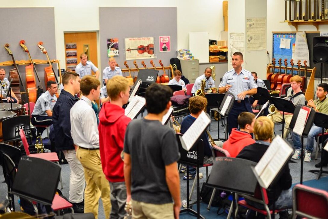 The Airmen of Note work with students from Bethesda Chevy-Chase High School as part of the USAF Band's Advancing Innovation through Music (AIM) program.  The students had the opportunity to participate in master classes and sectional coachings as a part of the event. (U.S. Air Force Photo/released)