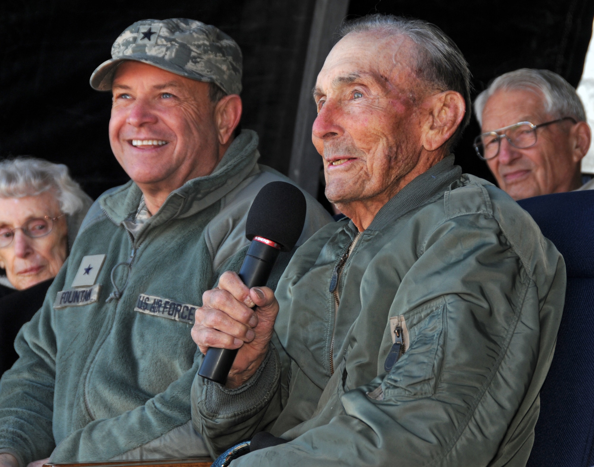 Retired Air Force Brig. Gen. Roland R. Wright addresses a group of community and military guests at a ceremony to rename the Utah Air National Guard Base in his honor held in Salt Lake City, Utah on Nov. 18, 2014. Wright, a combat pilot with a distinguished military career spanning more than three decades served as Utah's first Chief of Staff for Air. (Air National Guard photo by Staff Sgt. Annie Edwards/RELEASED)
