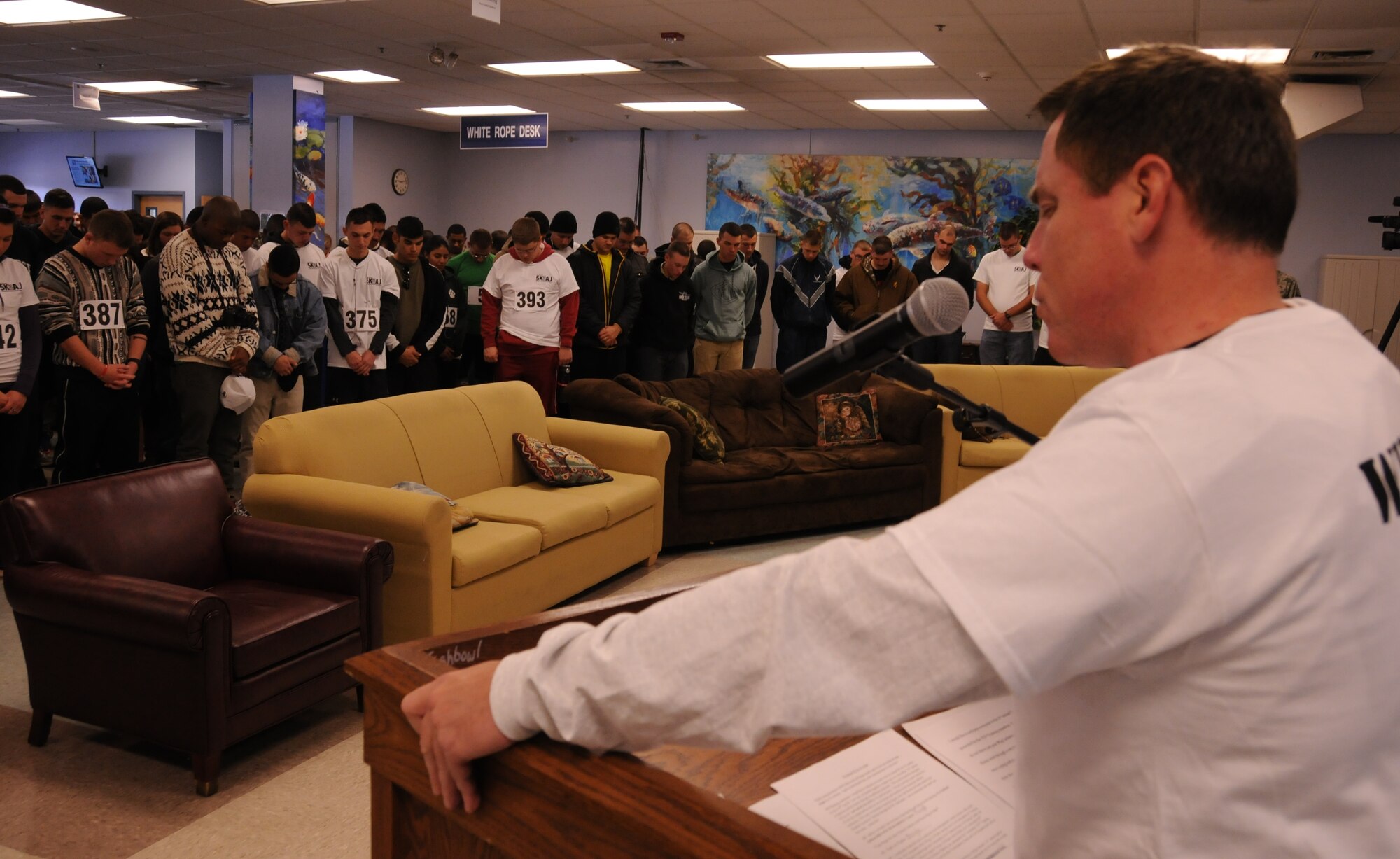 Chaplain (Maj.) Robert Monagle, 81st Training Wing technical training branch chief, offers a prayer before the start of the second annual 5K for AJ at the Levitow Training Support Facility Nov. 15, 2014, Keesler Air Force Base, Miss. The event raised more than $5,000 for the Disabled American Veterans charity and drew approximately 300 participants. Last year’s 5K for AJ raised money for retired Master Sgt. Albert “AJ” Jackson, who was diagnosed with Marfan Syndrome. (U.S. Air Force photo by Airman 1st Class Duncan McElroy/Released)