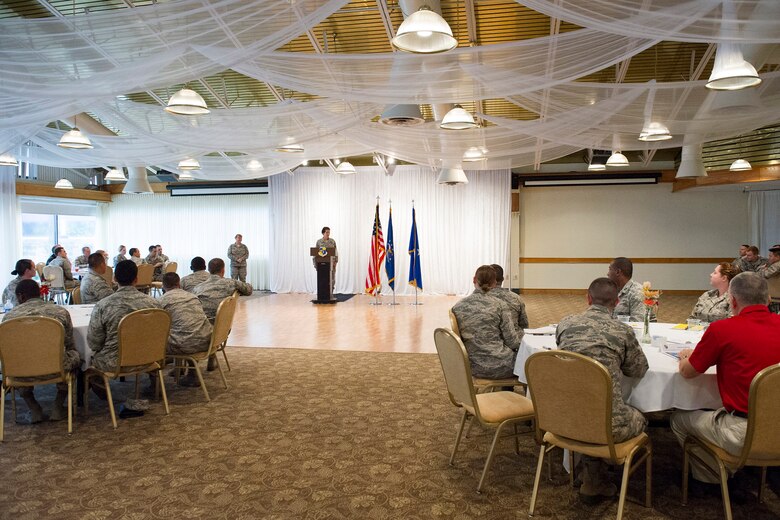 Brig. Gen. Nina Armagno, 45th Space Wing commander, speaks during the Bars to Stars Symposium at Patrick Air Force Base, Fla., Nov. 14, 2014.  The symposium is an aid to the Air Force mentoring program which focuses on total force development and preparing members for increased responsibilities as they progress through their career. (U.S. Air Force photo/Matthew Jurgens) (Released) 