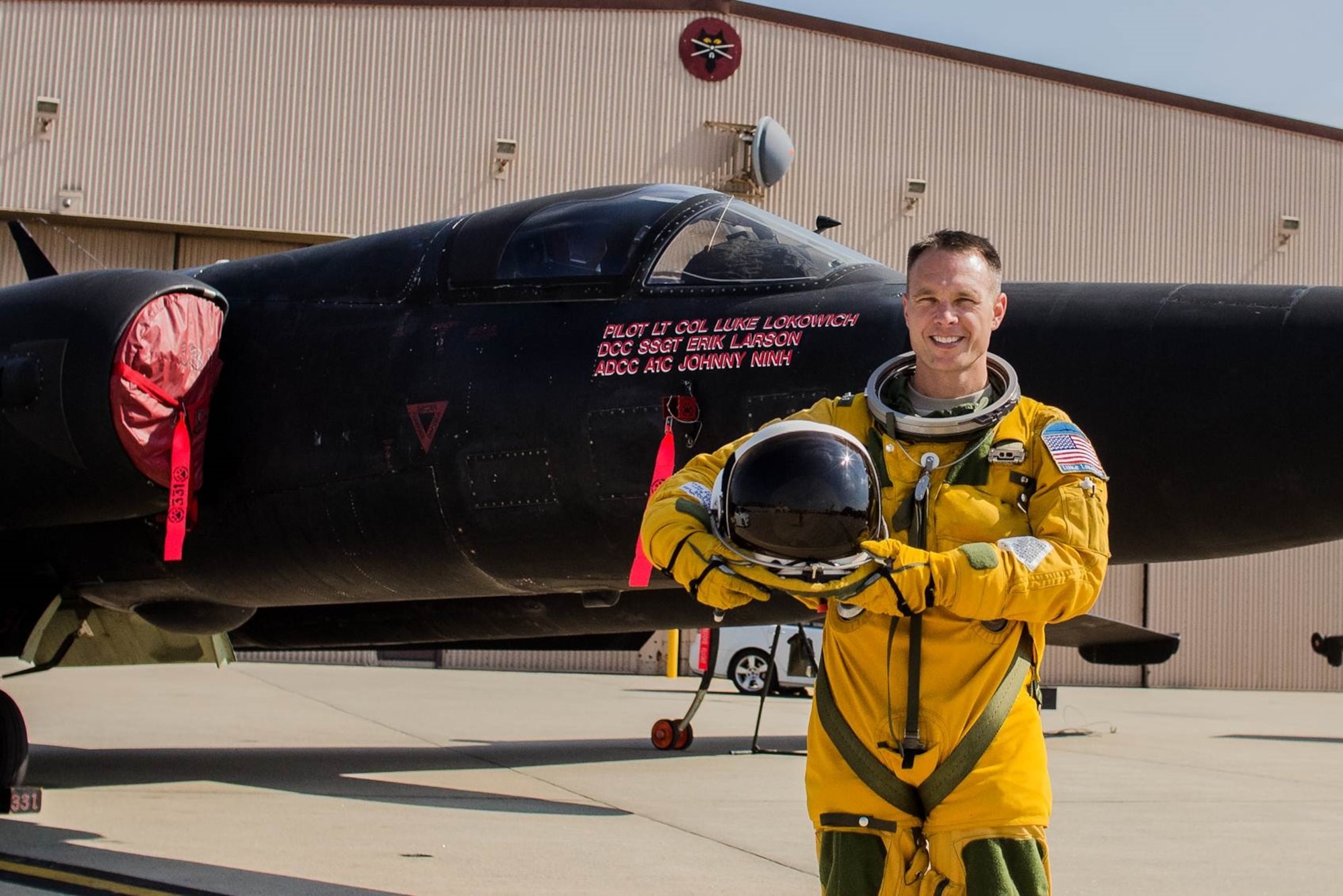 Lt. Col. Luke Lokowich, 5th Reconnaissance Squadron commander poses in front of the U-2 he flies at Osan Air Base, Republic of Korea.  Lokowich and his then director of operations Maj. Ricardo Diaz were recently selected by the Air Force Association as the best reconnaissance crew in the Air Force and bestowed the Gen. Jerome O'Malley Award. (U.S. Air Force photo by Master Sgt. Marelise Wood)