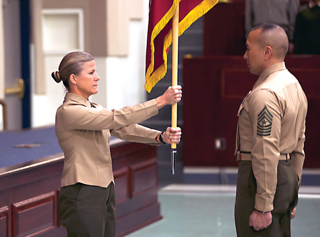 U.S. Marine Corps Brig. Gen. Helen Pratt, assumed command of Marine Corps University (MCU) at Ellis hall, MCU, Quantico Va., Nov 18, 2014.  Brig. Gen. Pratt takes over command from Brig Gen. Thomas Weidley, as President of MCU. Maj. Gen. James Lukeman was guest speaker for the event. (U.S. Marine Corps photo by Lance Cpl. Jacob Snouffer/Released)