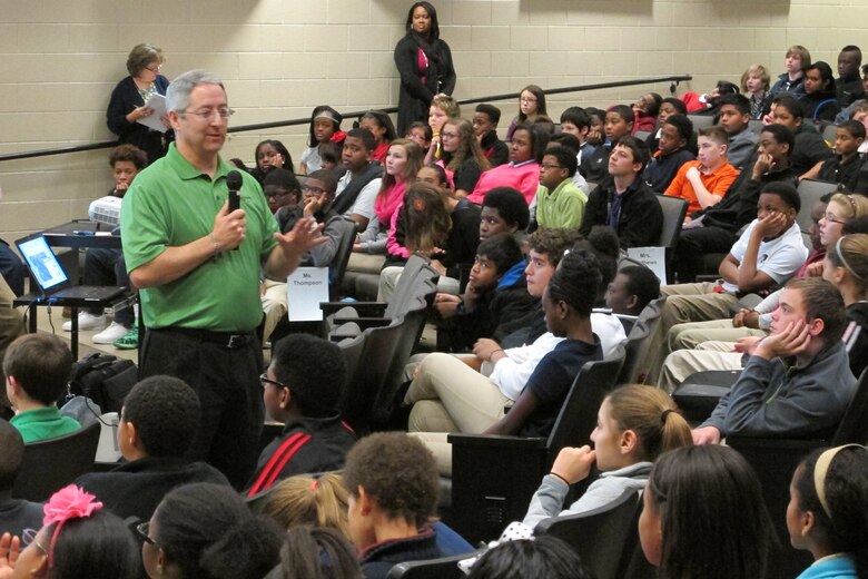 John Trudell speaks to more than 250 students during a GIS Day STEM event at Williams Middle School Nov. 19.