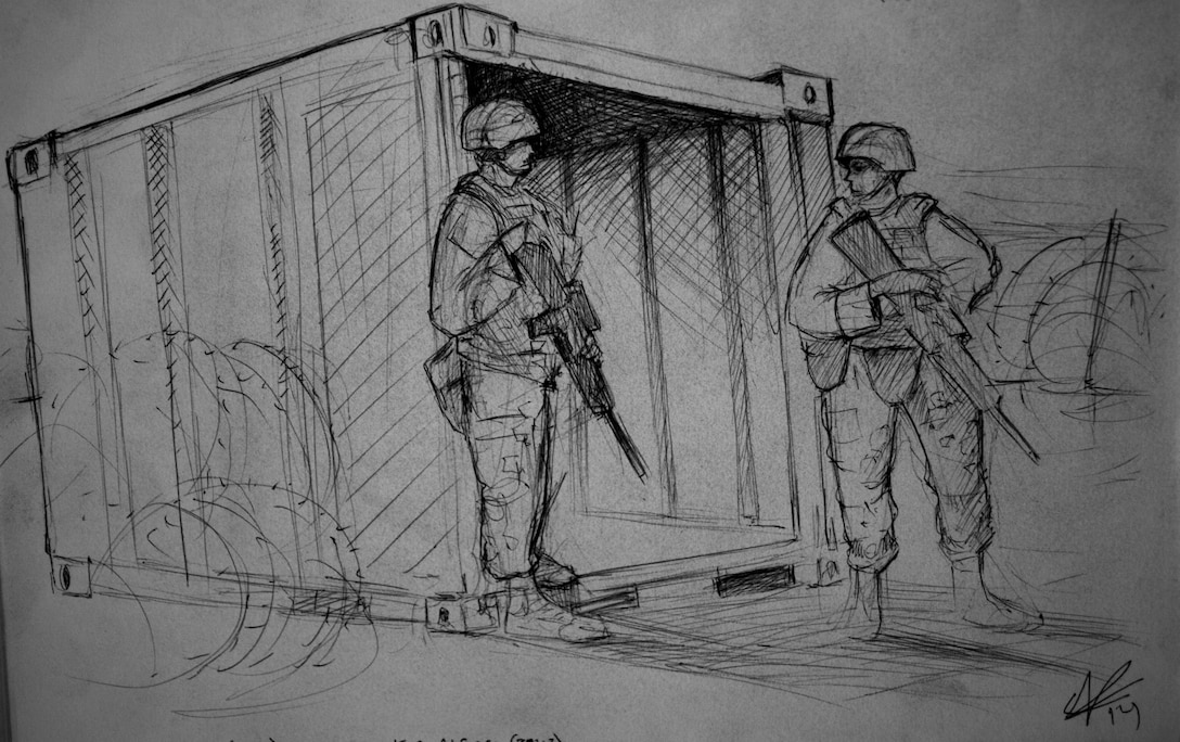 Illustration by Cpl. Elize McKelvey depicting a U.S. Marines with the 15th Marine Expeditionary Unit standing guard during MEU Exercise 14 aboard Camp Pendleton, Calif., Nov. 18, 2014. MEUEX is designed to help the MEU’s Marines practice working together when the 15th MEU deploys in the spring. (U.S. Marine Corps photo by Cpl. Elize Mckelvey/Released)