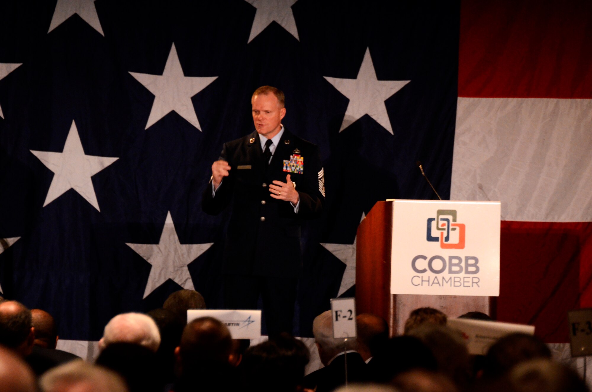 Chief Master Sergeant of the Air Force James A. Cody addresses over 700 community leaders and members of the Armed Forces based in Northwest Georgia during the Atlanta Regional Military Affairs Council’s 62nd Annual Military Appreciation Luncheon Nov. 17, 2014 at the Cobb Galleria Centre. (U.S. Air Force photo by Don Peek/Released)