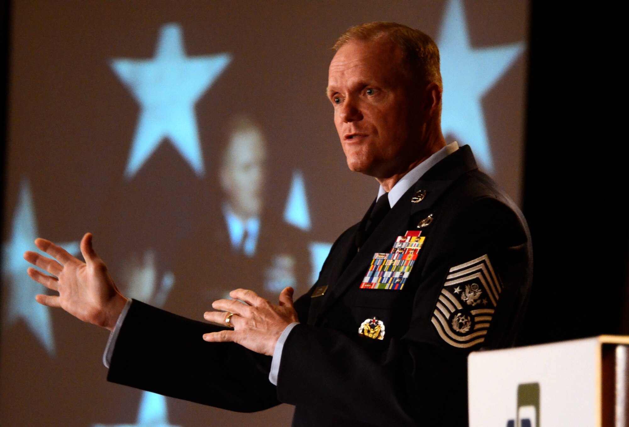 Chief Master Sergeant of the Air Force James A. Cody addresses over 700 community leaders and members of the Armed Forces based in Northwest Georgia during the Atlanta Regional Military Affairs Council’s 62nd Annual Military Appreciation Luncheon Nov. 17, 2014 at the Cobb Galleria Centre. (U.S. Air Force photo by Don Peek/Released)