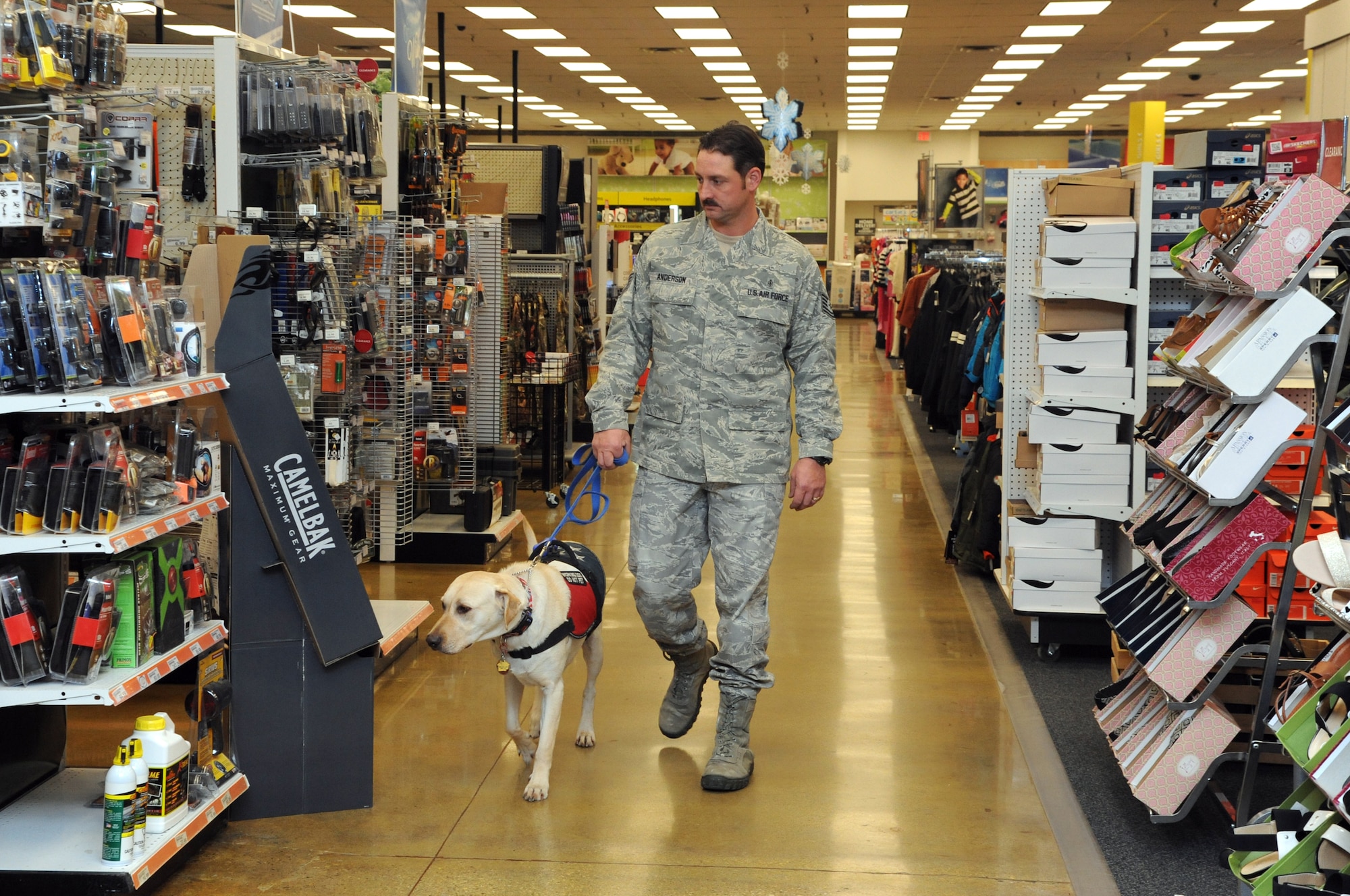 Tech. Sgt. Cory Anderson, 319th Medical Operations Squadron aerospace medical service technician, and his dog Zeus, shop in the Exchange on Grand Forks Air Force Base, N.D., November 18, 2014. Zeus is a service dog and has been trained to help Anderson deal with the effects of post-traumatic stress disorder. (U.S. Air Force photo/Staff Sgt. David Dobrydney)