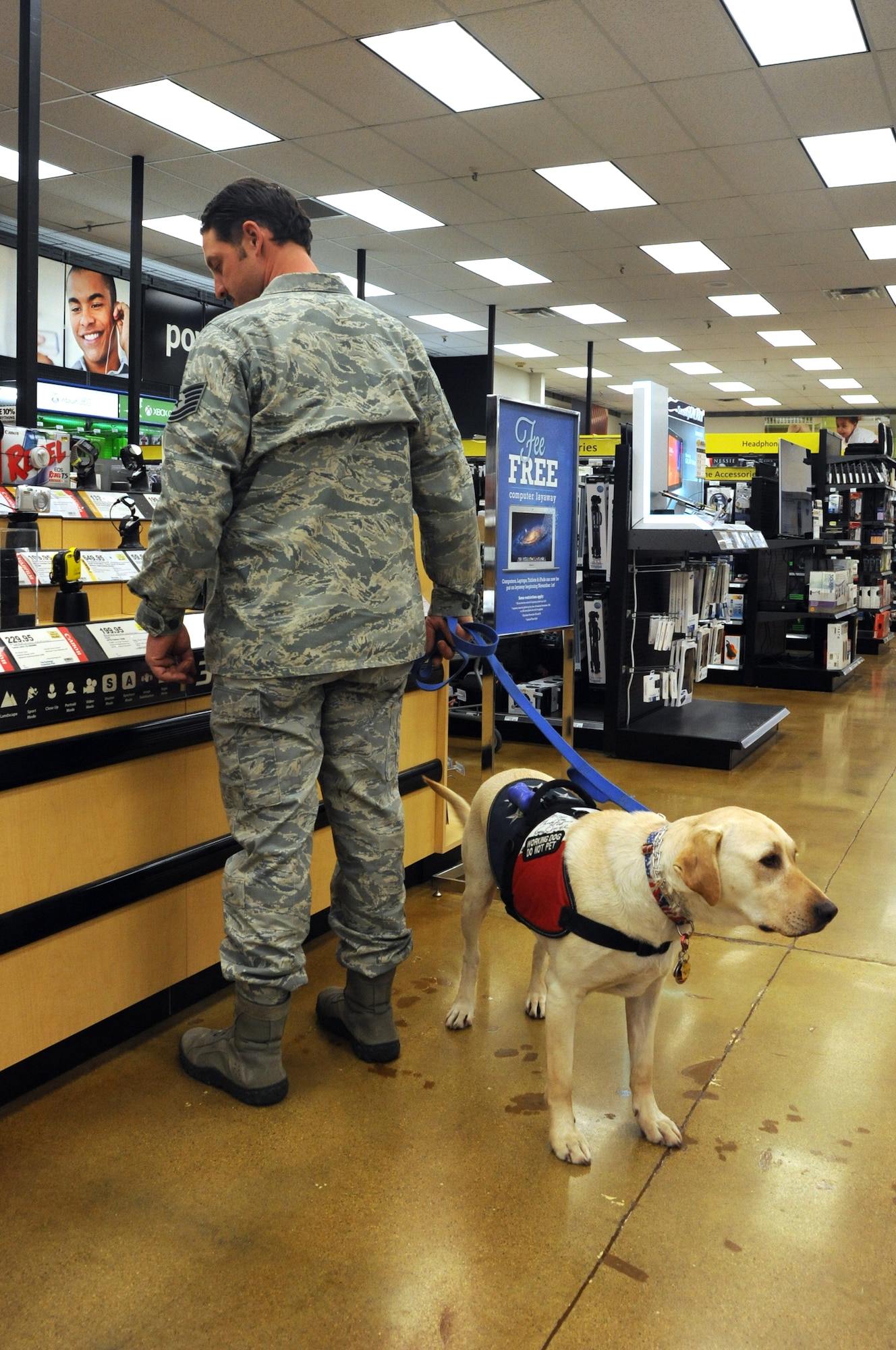 Zeus, a yellow labrador, has Tech. Sgt. Cory Anderson's back as Anderson shops in the Exchange on Grand Forks Air Force Base, N.D., November 18, 2014. Zeus is a post-traumatic stress disorder service dog who has been trained to respond to various commands in order to assist Anderson. (U.S. Air Force photo/Staff Sgt. David Dobrydney)