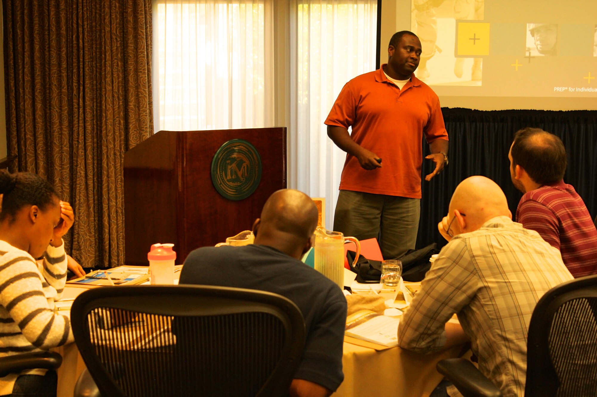 Chaplain Corwin Smith leads a class during a singles relationship and education event in Williamsburg, Va. The retreat provided Airmen an opportunity to learn more about themselves, listen more effectively and improve relationship skills.  The curriculum featured “Got your Back", a training designed to help individuals improve understanding and decision-making in their relationships.  In addition, “True Colors”, a personality assessment tool, was offered along with a Sunday morning chaplain's service. (Courtesy photo/Released)