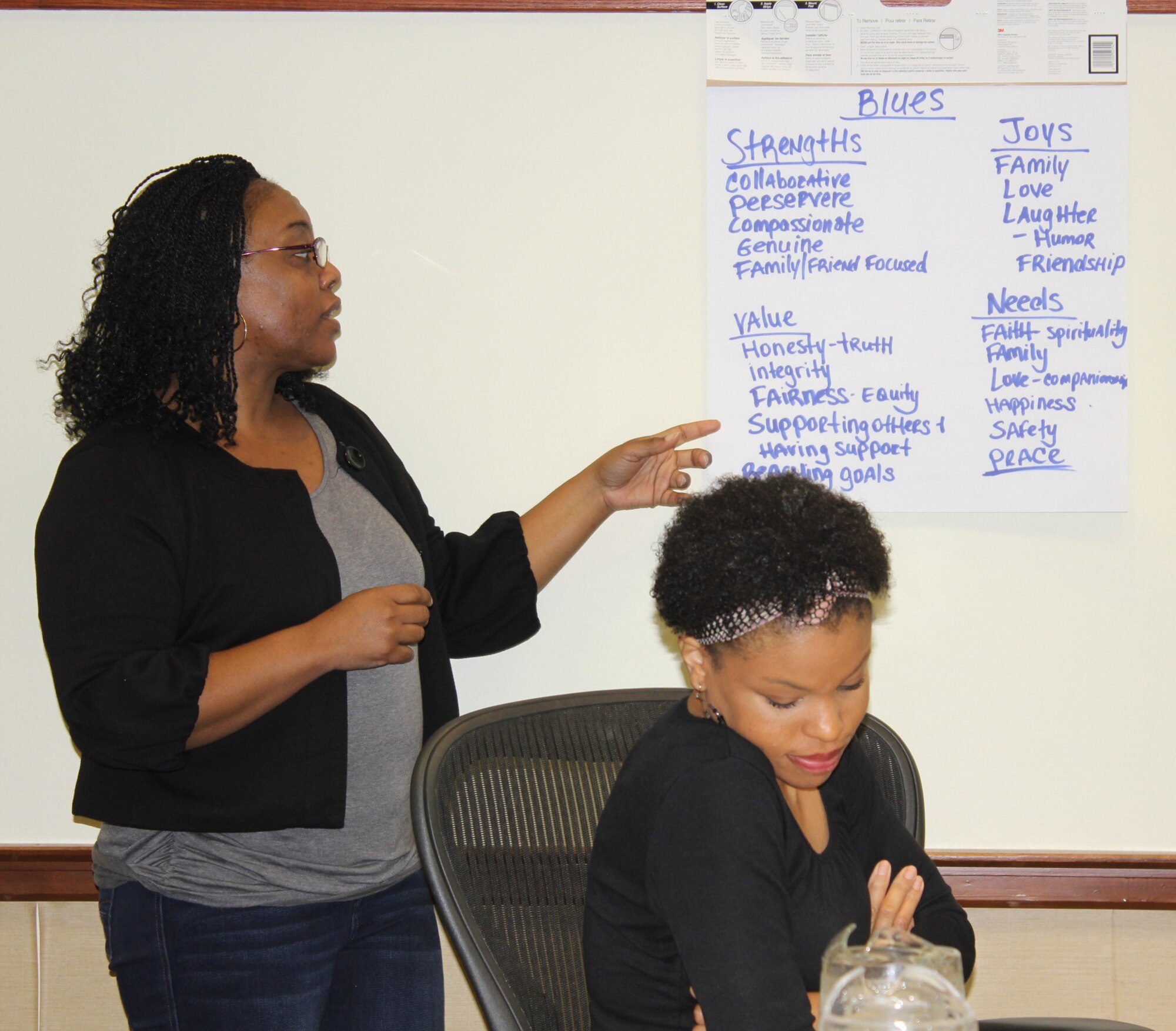 Master Sgt. Tesha Thornton and Tech. Sgt. Courtney Washington participate in “True Colors”, a personality assessment during a singles relationship and education event in Williamsburg, Va. The retreat provided Airmen an opportunity to learn more about themselves, listen more effectively and improve relationship skills.  The curriculum featured “Got your Back", a training designed to help individuals improve understanding and decision-making in their relationships.  In addition, “True Colors”, a personality assessment tool, was offered along with a Sunday morning chaplain's service. (Courtesy photo/Released)