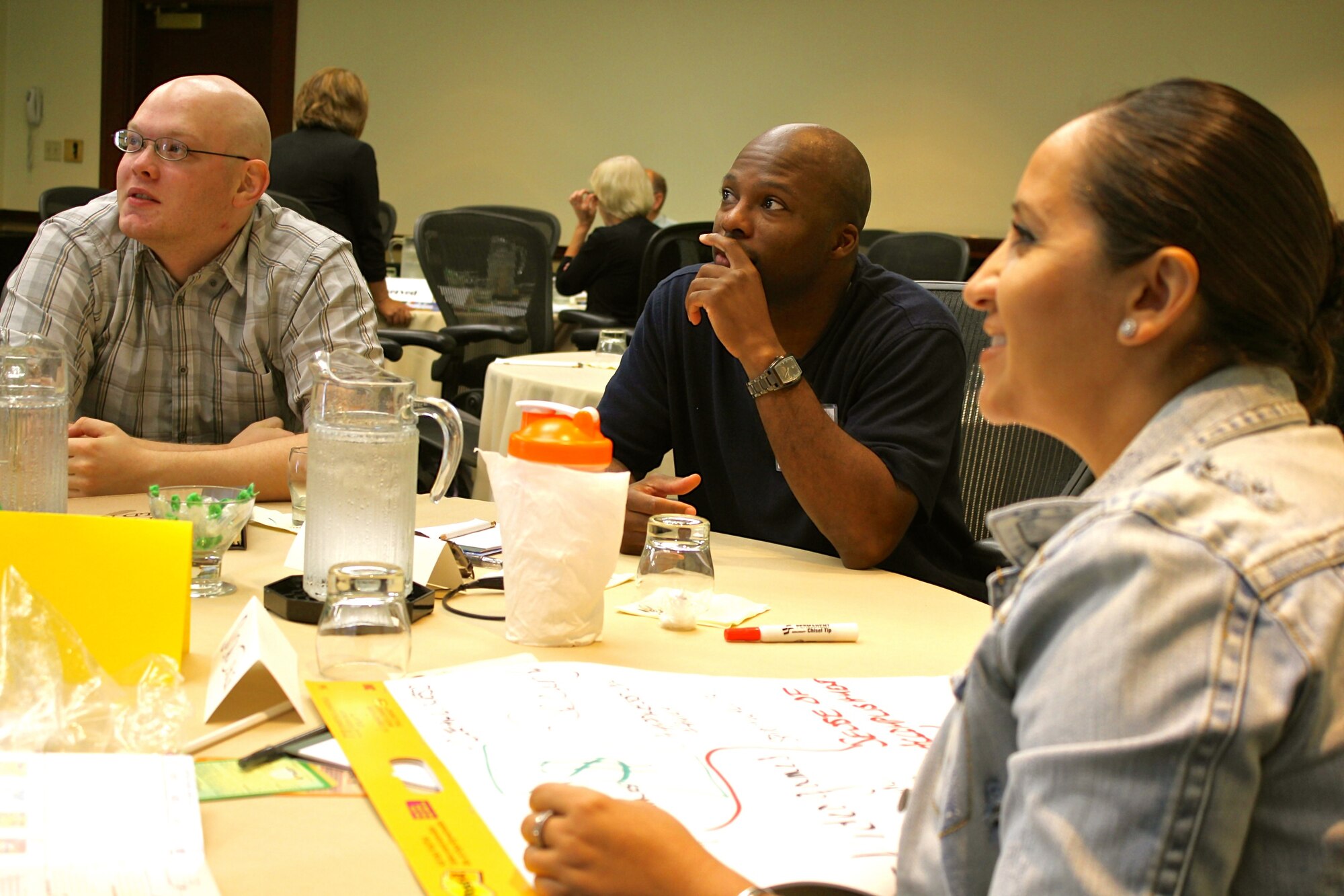 (L-R) Staff Sgt. Ian Bell and Tech. Sgt. Susan Johnson participate in “True Colors”, a personality assessment during a singles relationship and education event in Williamsburg, Va. The retreat provided Airmen an opportunity to learn more about themselves, listen more effectively and improve relationship skills.  The curriculum featured “Got your Back", a training designed to help individuals improve understanding and decision-making in their relationships.  In addition, “True Colors”, a personality assessment tool, was offered along with a Sunday morning chaplain's service. (Courtesy photo/Released)