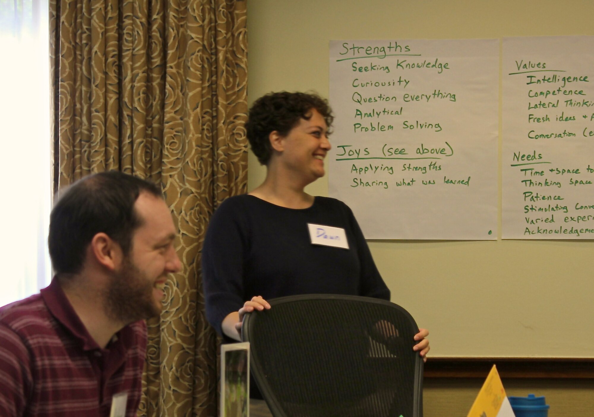 (L-R) Staff Sgt. Richard Teller and Tech. Sgt. Dawn Hedges participate in “True Colors”, a personality assessment during a singles relationship and education event in Williamsburg, Va. The retreat provided Airmen an opportunity to learn more about themselves, listen more effectively and improve relationship skills.  The curriculum featured “Got your Back", a training designed to help individuals improve understanding and decision-making in their relationships.  In addition, “True Colors”, a personality assessment tool, was offered along with a Sunday morning chaplain's service. (Courtesy photo/Released)