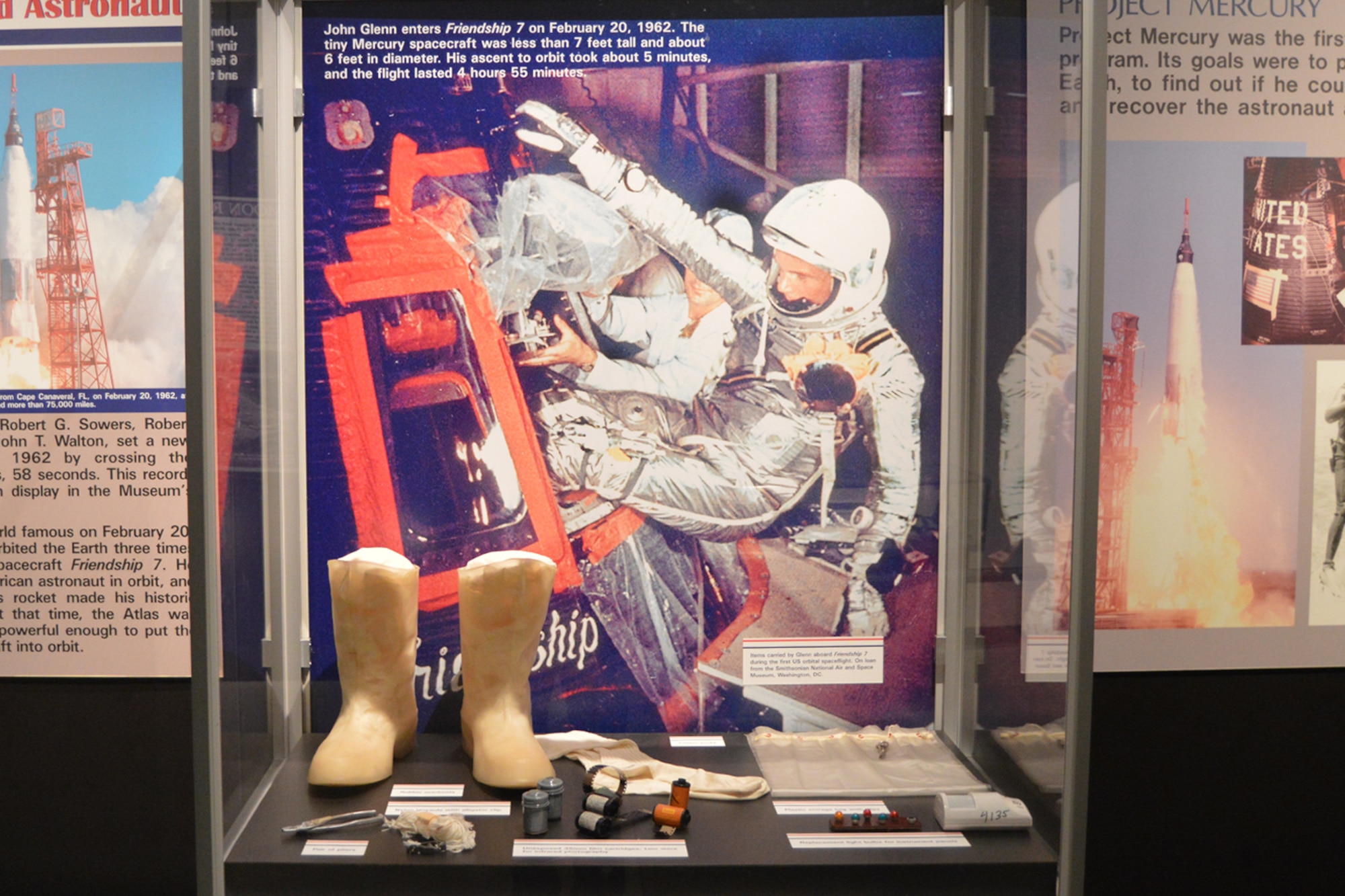DAYTON, Ohio -- John Glenn exhibit in the Missile & Space Gallery at the National Museum of the United States Air Force. The exhibit features several items carried by Glenn aboard the Friendship 7 during the first U.S. orbital spaceflight. (U.S. Air Force photo)
