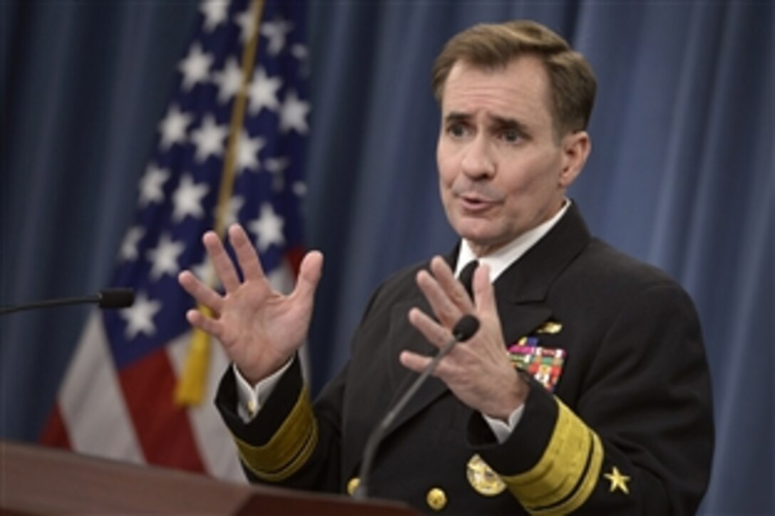 Pentagon Press Secretary Navy Rear Adm. John Kirby briefs the press at the Pentagon, Nov. 20, 2014. Kirby offered updates on the U.S. involvement in curbing the Ebola crisis in Africa and the ongoing fight against the Islamic State in Iraq and Syria, or ISIL. 