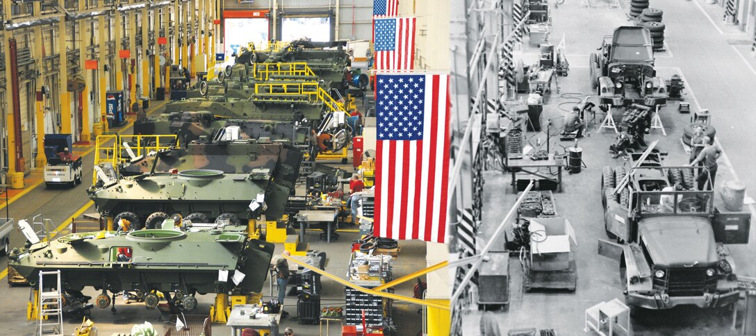 Workers at Production Plant Albany, formerly known as Maintenance Center Albany, recently, conduct maintenance on Light Armored Vehicles and Assault Amphibious Vehicles on the left and 5 ton trucks in the 1950s.