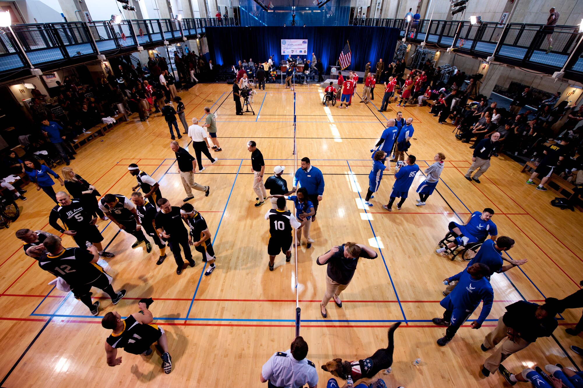 In conjunction with Warrior Care Month, wounded warriors from each service's warrior transition units, as well as U.S. Special Operations Command, gathered at the Pentagon Athletic Club Nov. 20, 2014, for the 4th Annual Pentagon Sitting Volleyball Tournament.  Warrior Care Month was established in 2008, when former Secretary of Defense Robert F. Gates declared it would be a "DOD effort aimed at increasing awareness of programs and resources available to wounded, ill and injured service members, their families, and those who care for them." (U.S. Air Force photo/Staff Sgt. Anthony Nelson Jr.) 