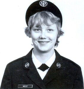 Airman Basic Brenda West sits for her official photo upon graduating from basic training at Lackland Air Force Base, Texas in 1974. At 18, West joined the Women's Air Force or WAF, which was abolished in 1976. That same year the U.S. Air Force Academy began accepting female cadets.