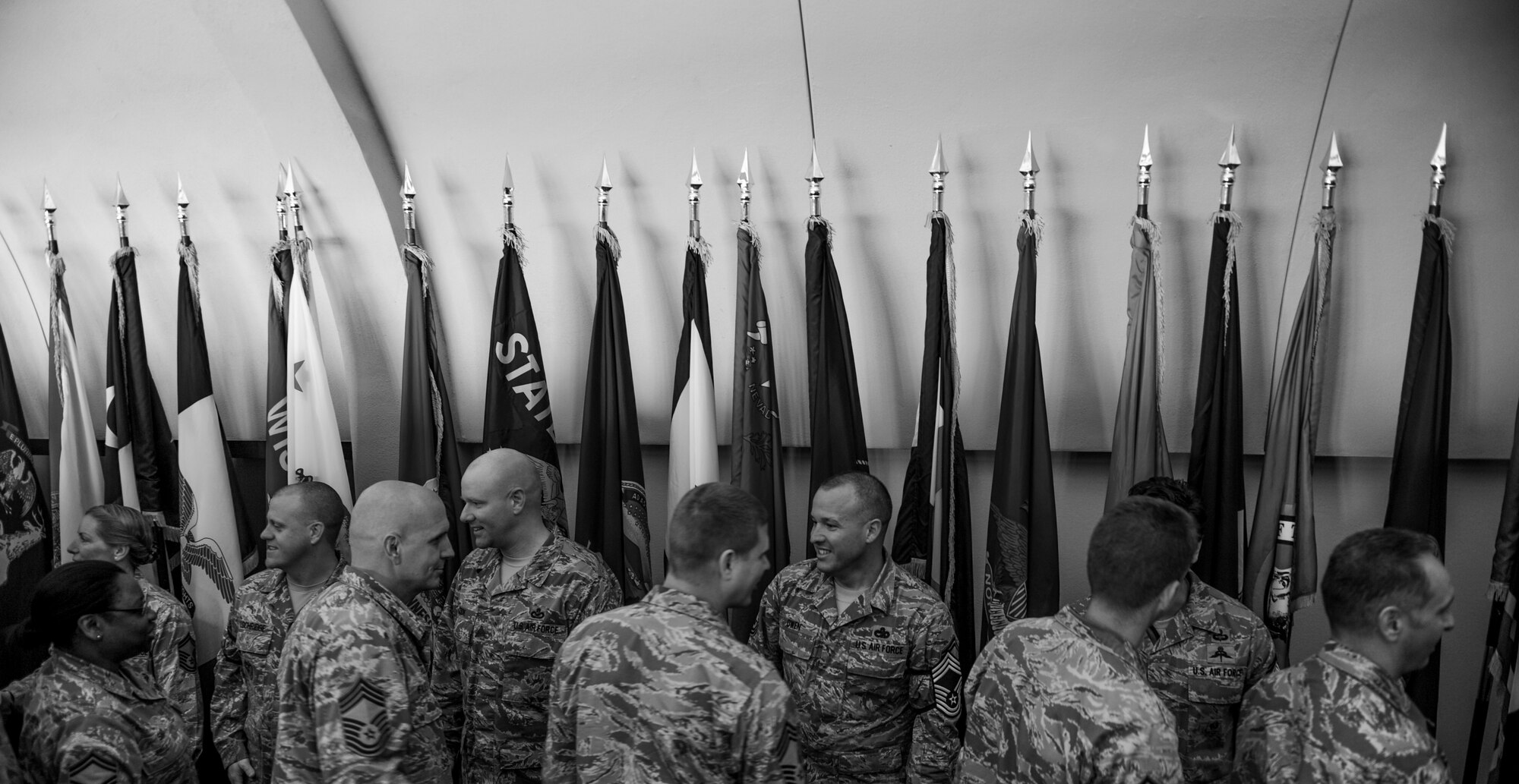 A group of Senior Master Sgts. are congratulated on their promotion to Chief Master Sgt. at Hurlburt Field, Fla., Nov. 20, 2014. Chief Master Sgts. is the highest enlisted rank and make up only one percent of the enlisted Air Force. (U.S. Air Force photo/Senior Airman Christopher Callaway) 