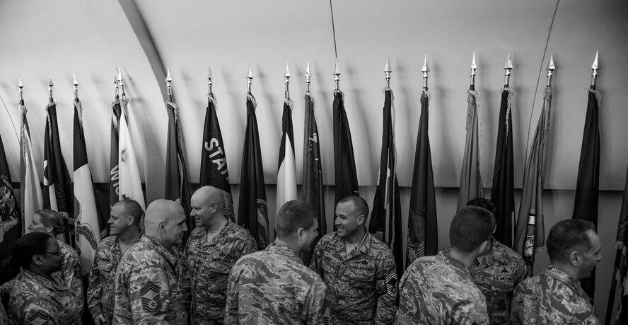A group of Senior Master Sgts. are congratulated on their promotion to Chief Master Sgt. at Hurlburt Field, Fla., Nov. 20, 2014. Chief Master Sgts. is the highest enlisted rank and make up only one percent of the enlisted Air Force. (U.S. Air Force photo/Senior Airman Christopher Callaway) 