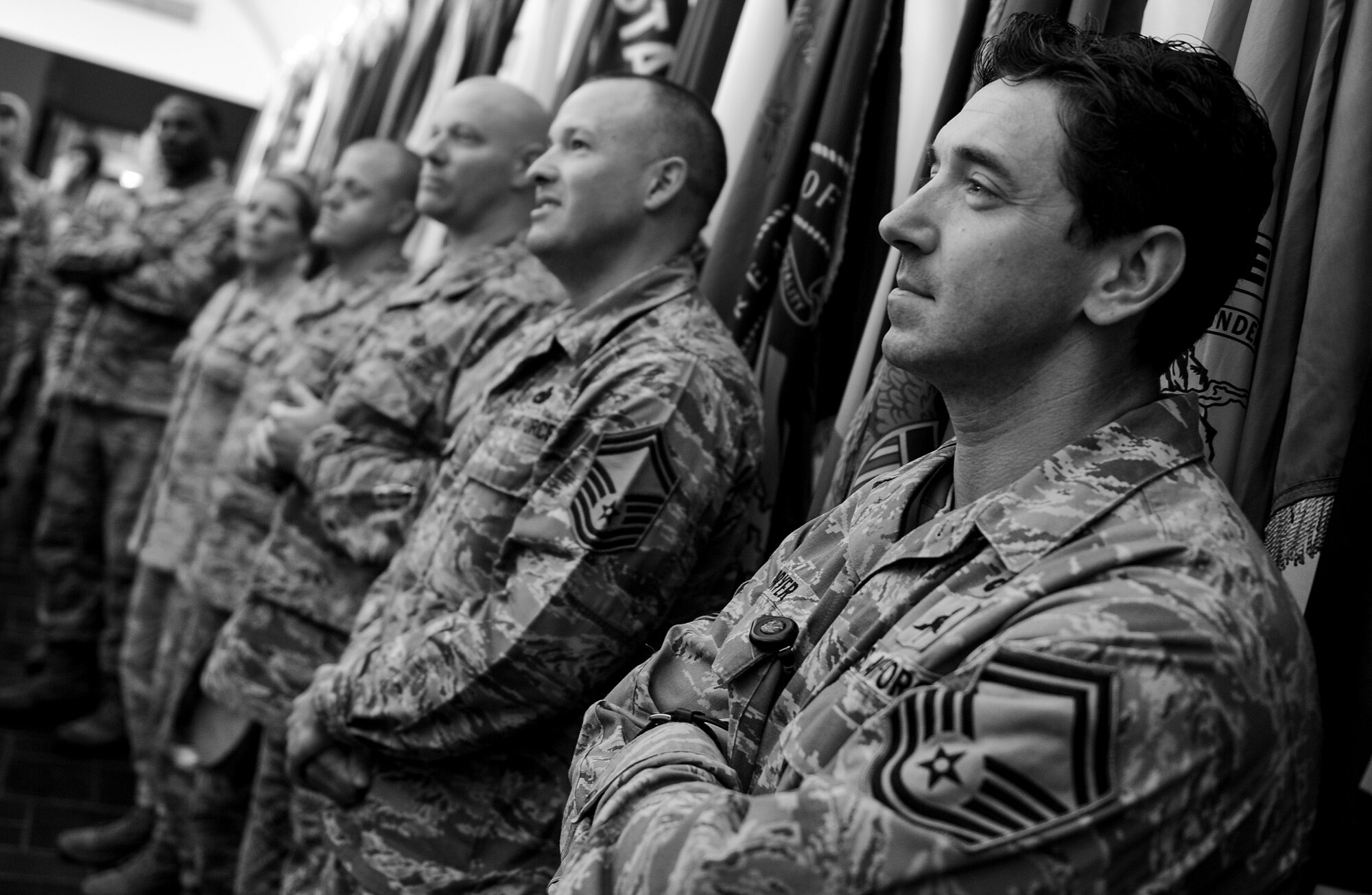 A group of Senior Master Sgts. receive congratulations for their promotion to Chief Master Sgt. at Hurlburt Field, Fla., Nov. 20, 2014. Chief Master Sgts. is the highest enlisted rank and make up only one percent of the enlisted Air Force. (U.S. Air Force photo/Senior Airman Christopher Callaway)
