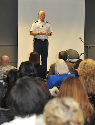 Col. Phillip Wright command chaplain for the U.S. Army Corps of Engineers, speaks at Huntsville Center town hall Nov. 20.