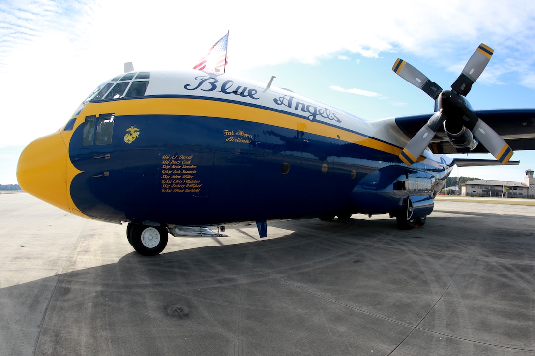 A C-130 Hercules, known as "Fat Albert," touches down aboard Marine Corps Air Station Beaufort's flightline for preparation of the Air Station's 2015 Airshow. The Airshow will take place aboard the Air Station and will feature various performers including Navy Flight Demonstration Squadron, also known as the Blue Angels, April 11-12, 2015.