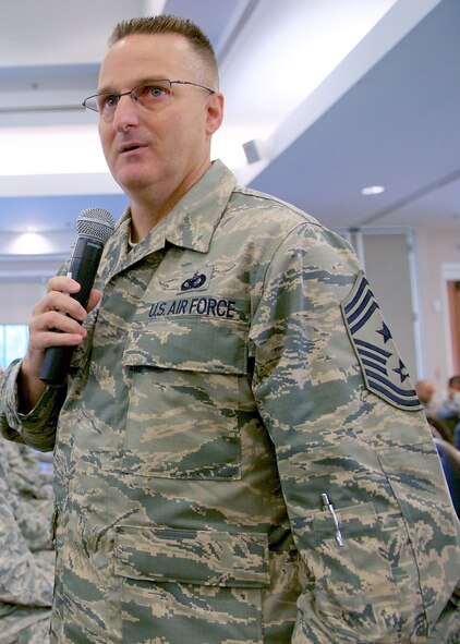 U.S. Air Force Chief Master Sgt. Buddy Hutchison, Pacific Air Forces command chief, speaks to a crowd of PACAF enlisted staff members during an all call Nov. 20, 2014, Joint Base Pearl Harbor-Hickam, Hawaii. Hutchison addressed a number of topics, including recent changes to the Air Force's performance reports and promotion systems and the developmental special duty selection process. Hutchison also discussed his views on the importance of being a wingman and why knowing your fellow Airmen is critical to both safety and PACAF's mission. The all call serves as a fundamental tool in improving resiliency among Airmen by offering the enlisted core an opportunity to ask PACAF leadership questions. (U.S. Air Force photo by Tech. Sgt. James Stewart/Released)