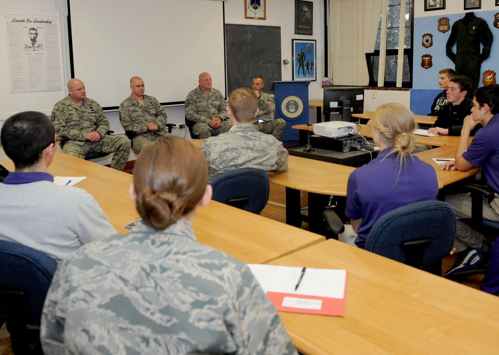 McConnell first sergeants answer questions asked by Kansas State University cadets, Nov. 20, in Manhattan, Kan. The first sergeants were part of a panel that spent time mentoring and developing future leaders of the Air Force. (U.S. Air Force photo/Airman 1st Class Tara Fadenrecht)