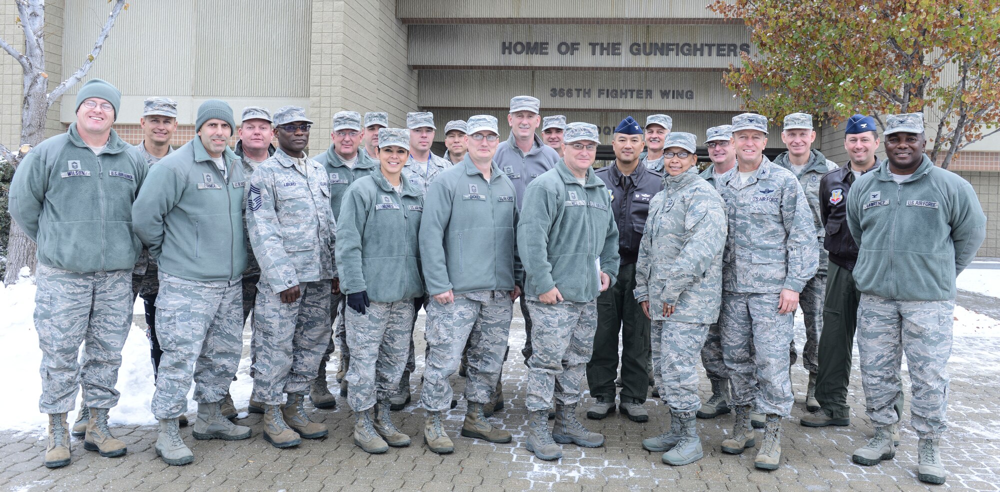 Chief master sergeant selects pose with squadron commanders and chiefs Nov. 20, 2014, at Mountain Home Air Force Base, Idaho. By congressional mandate only 1 percent of the enlisted force obtains the rank of chief. (U.S. Air Force photo by Airman 1st Class Malissa Lott/RELEASED)