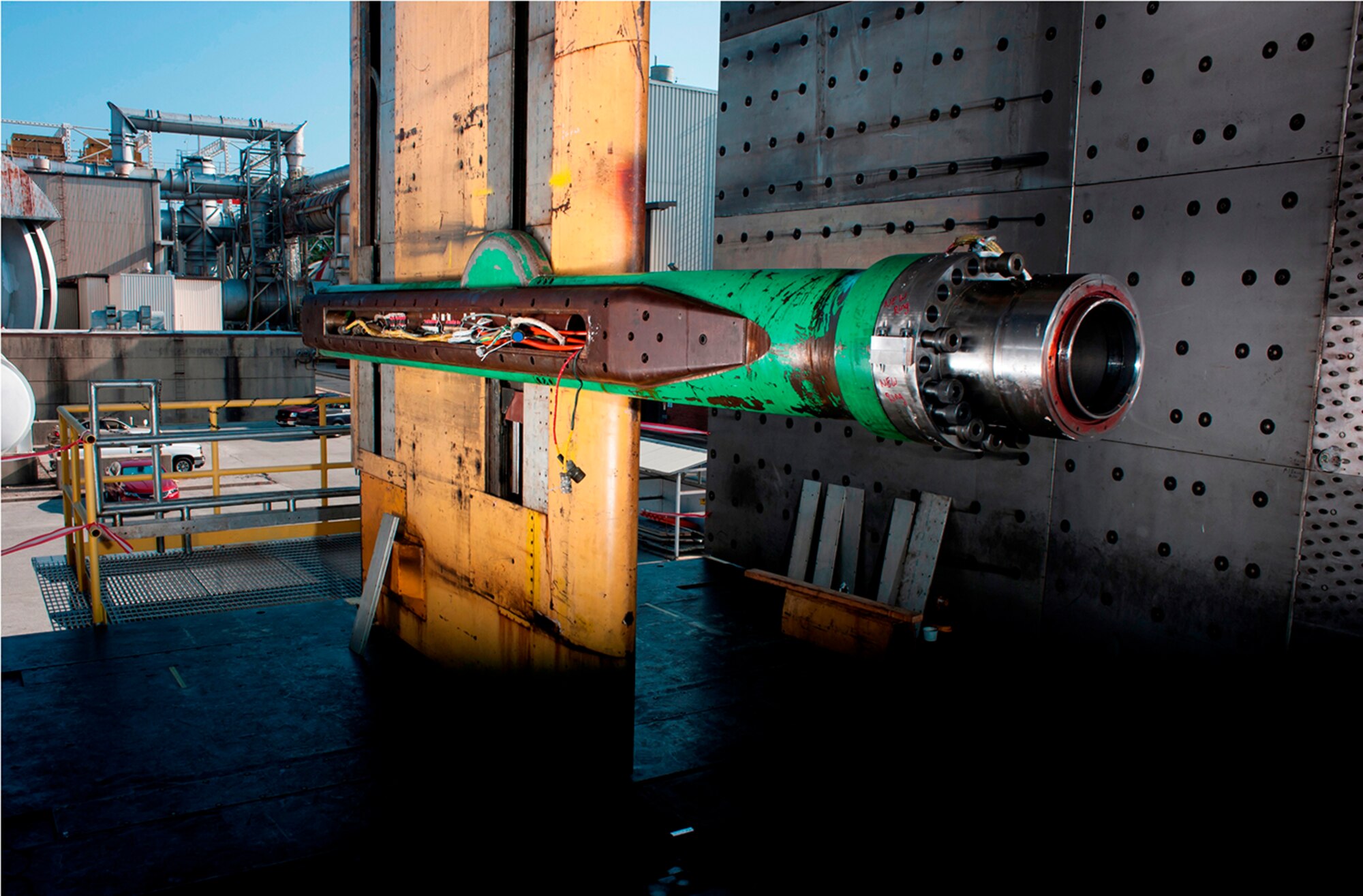 The Pitch Boom at the AEDC 16-foot transonic wind tunnel (16T) was recently reactivated. This model support system is used in conjunction with a roll mechanism to provide a combined pitch and roll movement. (Photo by Rick Goodfriend)
