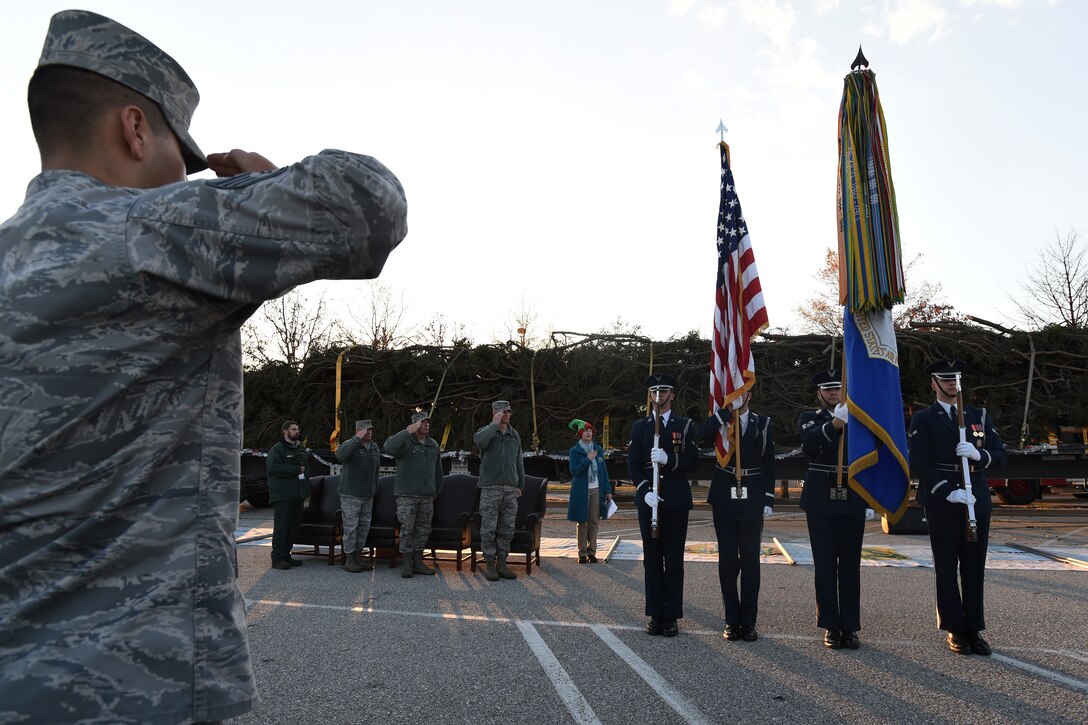 Team Andrews members salute the flag at the 2014 U.S. Capitol Christmas Tree arrival on Joint Base Andrews, Md., Nov. 20, 2014. The 88-foot tall white spruce made its final stop at JBA in its 2,000 mile road trip before it will be displayed and lit at the U.S. Capitol Building’s west lawn on Dec. 2. (U.S. Air Force photo/ Senior Airman Nesha Humes)