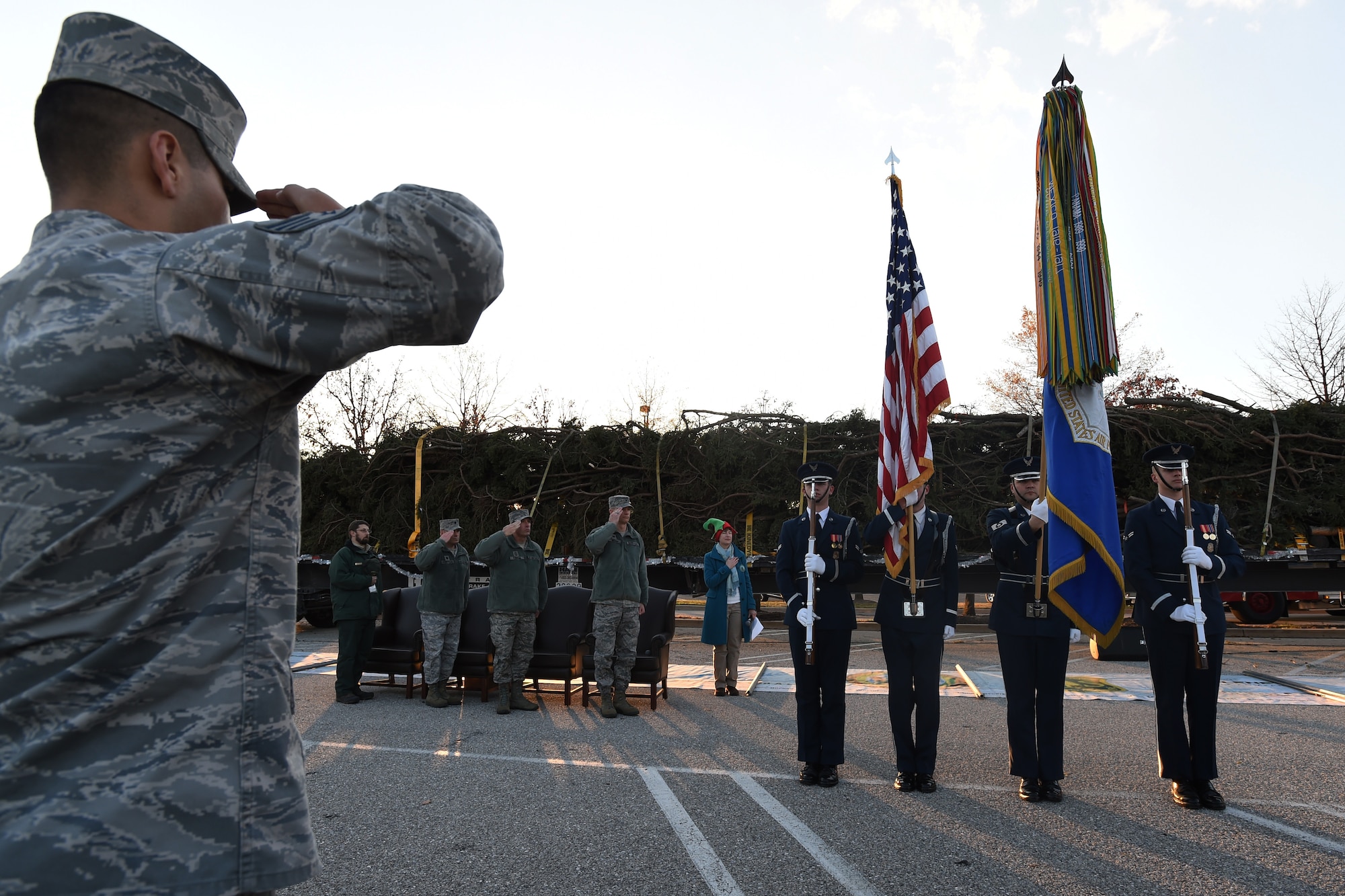 Team Andrews members salute the flag at the 2014 U.S. Capitol Christmas Tree arrival on Joint Base Andrews, Md., Nov. 20, 2014. The 88-foot tall white spruce made its final stop at JBA in its 2,000 mile road trip before it will be displayed and lit at the U.S. Capitol Building’s west lawn on Dec. 2. (U.S. Air Force photo/ Senior Airman Nesha Humes)