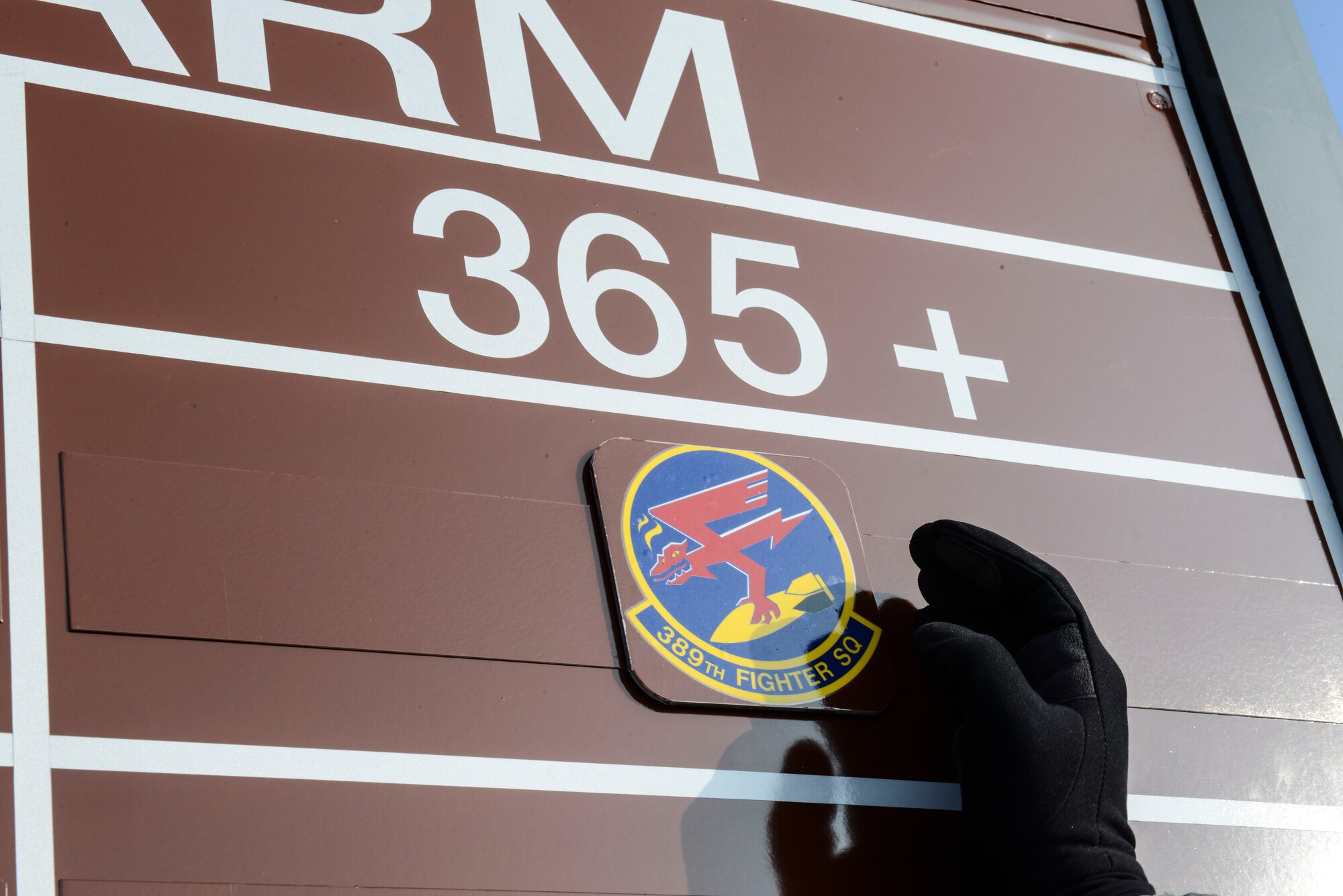 The 389th Fighter Squadron emblem is displayed on the Alcohol Related Misconduct board Nov. 21, 2014, at Mountain Home Air Force Base, Idaho. The board tracks the number of days gone without any ARM per squadron. (U.S. Air Force photo by Airman 1st Class Malissa Lott/RELEASED)