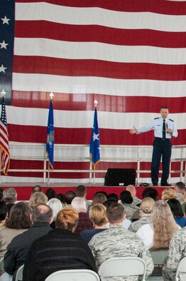 MAXWELL AIR FORCE BASE, Ala. -- Lt. Gen. Steven Kwast, Air University commander, addresses Maxwell-Gunter Airmen at his morning ‘all-call’ session at the Maxwell Honor Guard Hangar Nov. 12, 2014.  At his five all-call sessions on Maxwell-Gunter and the one he held at the Air Force Institute of Technology, Wright-Patterson AFB, Ohio, Nov. 14, the general shared his expectations and vision on how AU will reinvent military education and leverage the intellectual potential of the university.  (Air Force photo by Henry Hancock/Released)