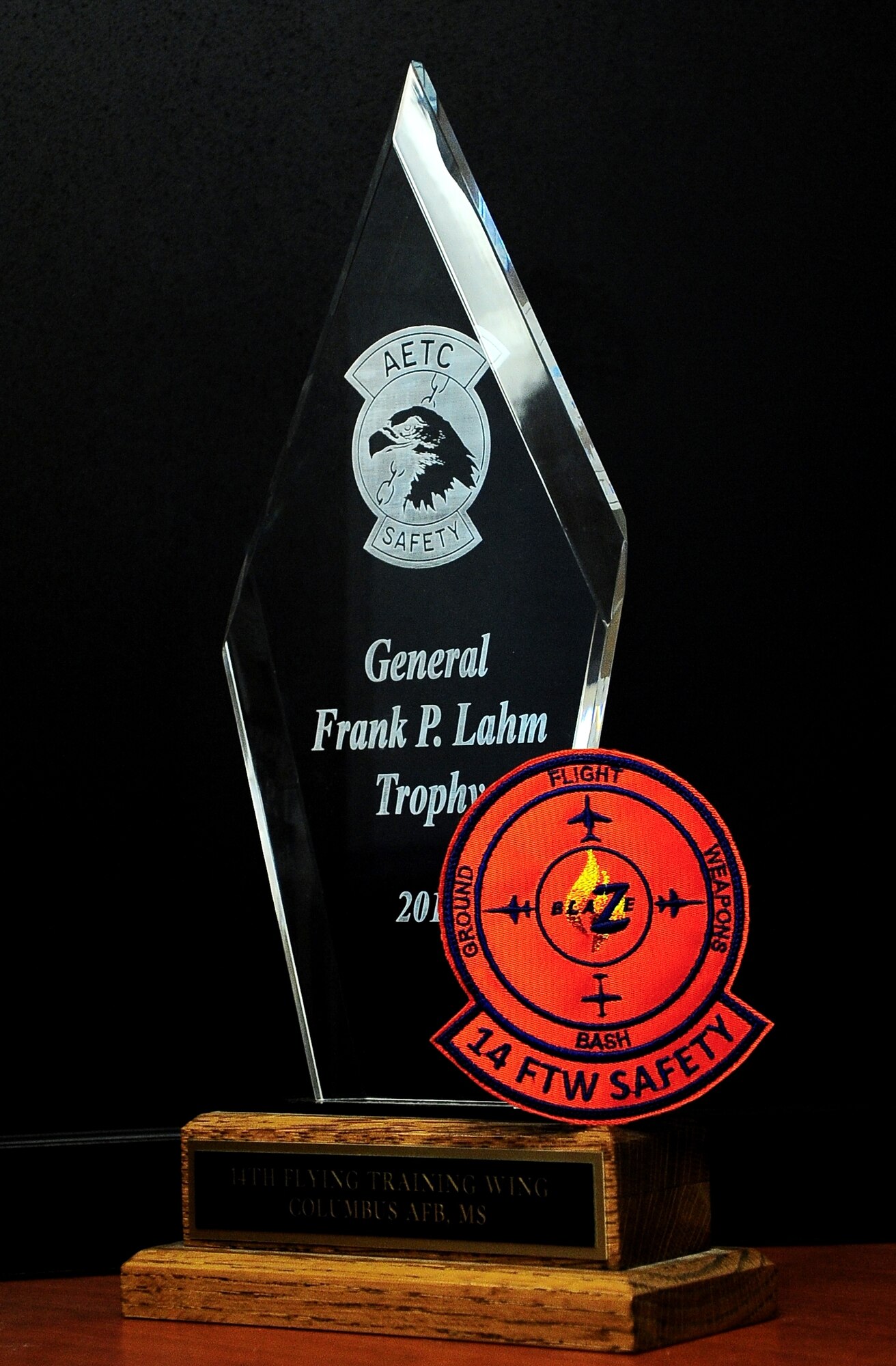 The 14th Flying Training Wing Safety office was recognized as the winner of the 2014 Air Education and Training Command Lahm Trophy for their effective Flight Safety program on the 14th FTW's mishap prevention programs, initiatives, innovations and improvements in the area of flight safety. Columbus Air Force Base last won the Lahm Trophy in 2010 and this will be the fourth time in Columbus' history to have received this honor. It was Initially called the Daedalian Air Training Command Flight Safety Award, and was memorialized to honor Gen. Frank Purdy Lahm in 1981. (U.S. Air Force photo/Senior Airman Kaleb Snay)