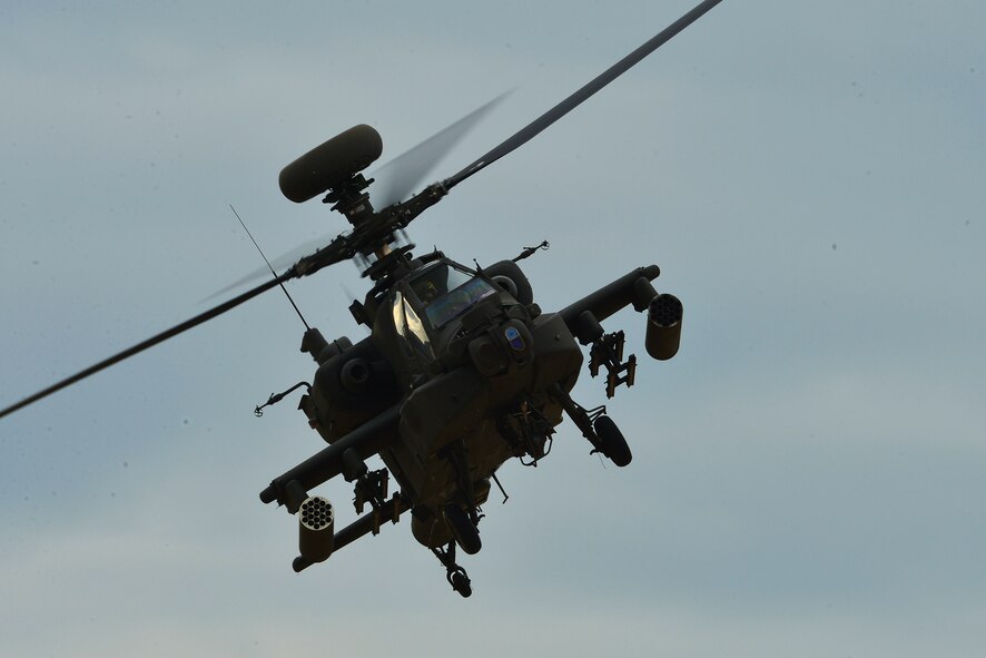 An AH-64 Apache assigned to the 1-130 Attack Recon Battalion, North Carolina Army National Guard, based at the Raleigh-Durham International Airport, trains at Poinsett Electronic Combat Range, Sumter, S.C., Nov. 13, 2014. The range is open to all services of the U.S. Department of Defense for training. (U.S. Air Force photo by Airman 1st Class Diana M. Cossaboom/Released)