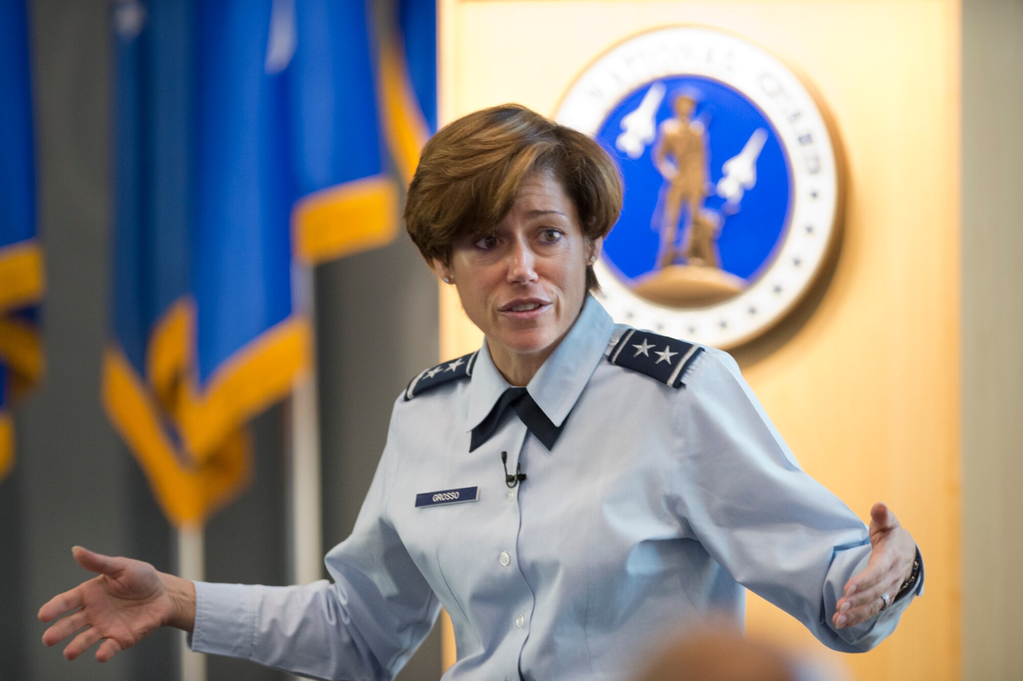 Maj. Gen Gina M. Grosso, director of the Air Force Sexual Assault Prevention and Response (SAPR), Office of the Vice Chief of Staff, Headquarters U.S. Air Force, addresses commanders during the Wing Commander Fly-in November 18, 2014.  The 2-day meeting brings together commanders from 89 wings throughout the ANG to discuss challenges facing the total force. (Air National Guard Photo by Master Sgt. Marvin R. Preston/Released)