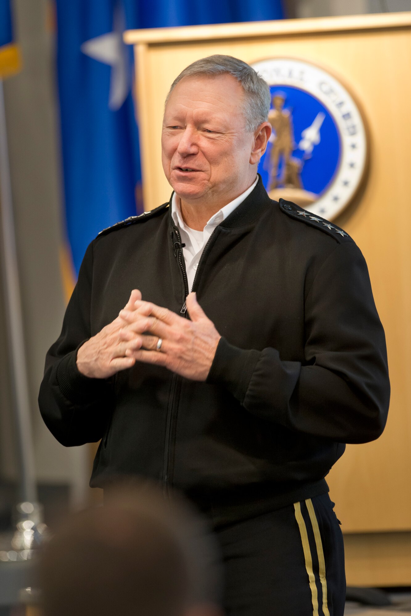Gen. Frank J. Grass, chief of the National Guard Bureau and member of the Joint Chiefs, addresses Air National Guard commanders during the Wing Commander Fly-in November 18, 2014.  The 2-day meeting brings together commanders from 89 wings throughout the ANG to discuss challenges facing the total force. (Air National Guard Photo by Master Sgt. Marvin R. Preston/Released)