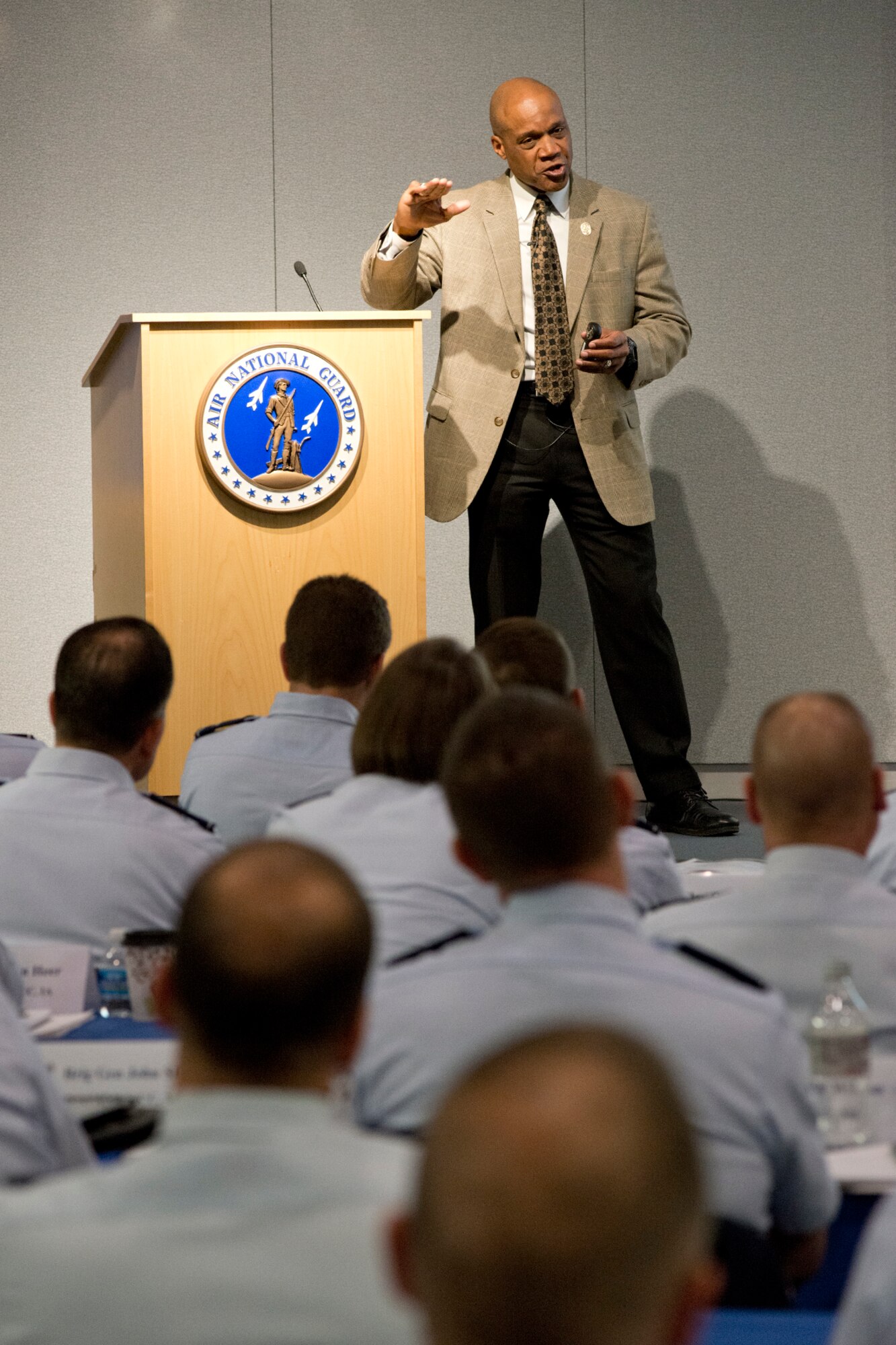 Dave Thomas, senior advisor and Highly Qualified Expert for the U.S. Air Force in the Sexual Assault Prevention and Response (SAPR) office, addresses commanders during the Wing Commander Fly-in November 18, 2014.  The 2-day meeting brings together commanders from 89 wings throughout the ANG to discuss challenges facing the total force. (Air National Guard Photo by Master Sgt. Marvin R. Preston/Released)