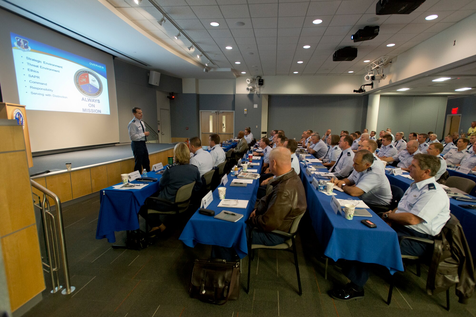Lt. Gen. Stanley E. Clarke III, director of the Air National Guard, addresses commanders during the ANG Wing Commander Fly-in November 17, 2014.  The 2-day meeting brings together commanders from 89 wings throughout the ANG to discuss challenges facing the total force. (Air National Guard Photo by Master Sgt. Marvin R. Preston/Released)