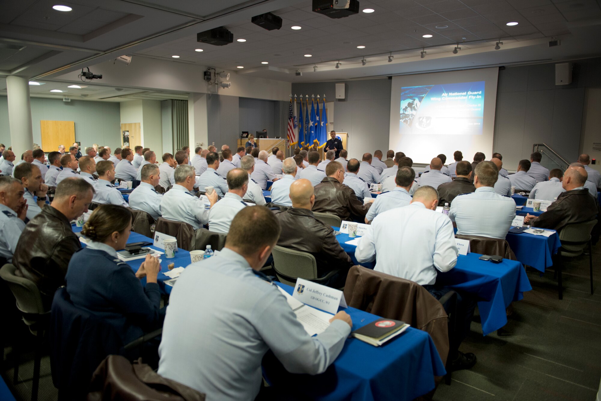 Brig. Gen. Michael R. Taheri, commander of the Air National Guard Readiness Center, Joint Base Andrews, Maryland welcomes commanders to the Wing Commander Fly-in November 18, 2014.  The 2-day meeting brings together commanders from 89 wings throughout the ANG to discuss challenges facing the total force. (Air National Guard Photo by Master Sgt. Marvin R. Preston/Released)