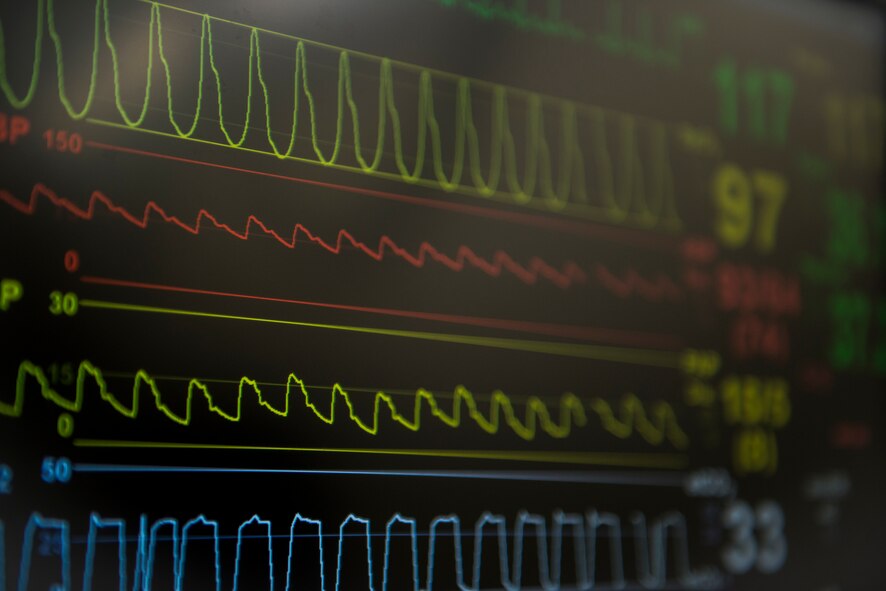 A monitor displays a simulated patient’s medical readings during Air Combat Command surgeon general U.S. Air Force Brig. Gen. (Dr.) Sean Murphy’s visit to the to the 23d Medical Group Nov. 19, 2014, at Moody Air Force Base, Ga. The 23d MDG uses the most realistic training aides possible to ensure real-world readiness. (U.S. Air Force photo by Airman 1st Class Ryan Callaghan/Released)