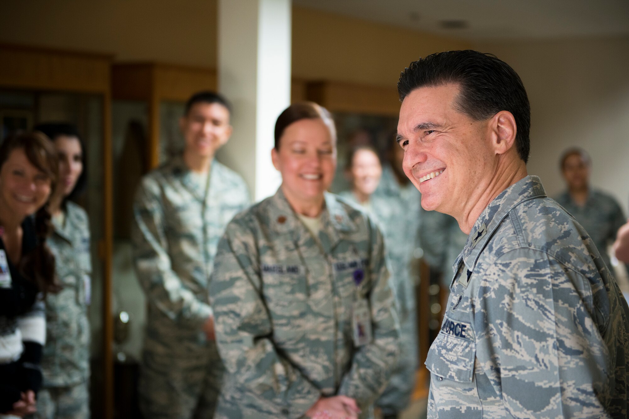U.S. Air Force Brig. Gen. (Dr.) Sean Murphy, Air Combat Command surgeon general, jokes with Airmen from the 23d Medical Group Nov. 19, 2014, at Moody Air Force Base, Ga. Murphy took over as the ACC surgeon general in September 2014. (U.S. Air Force photo by Airman 1st Class Ryan Callaghan/Released)