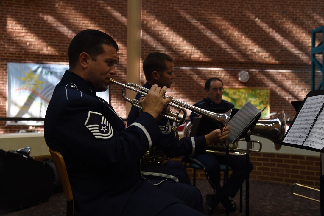 Master Sergeant Christian Pagnard performs with the U.S. Air Force Brass Quintet at the Durham VA Medical Center.  The group performed on Veterans Day and layed a wreath in honor of all who have served. (U.S. Air Force Photo/released)